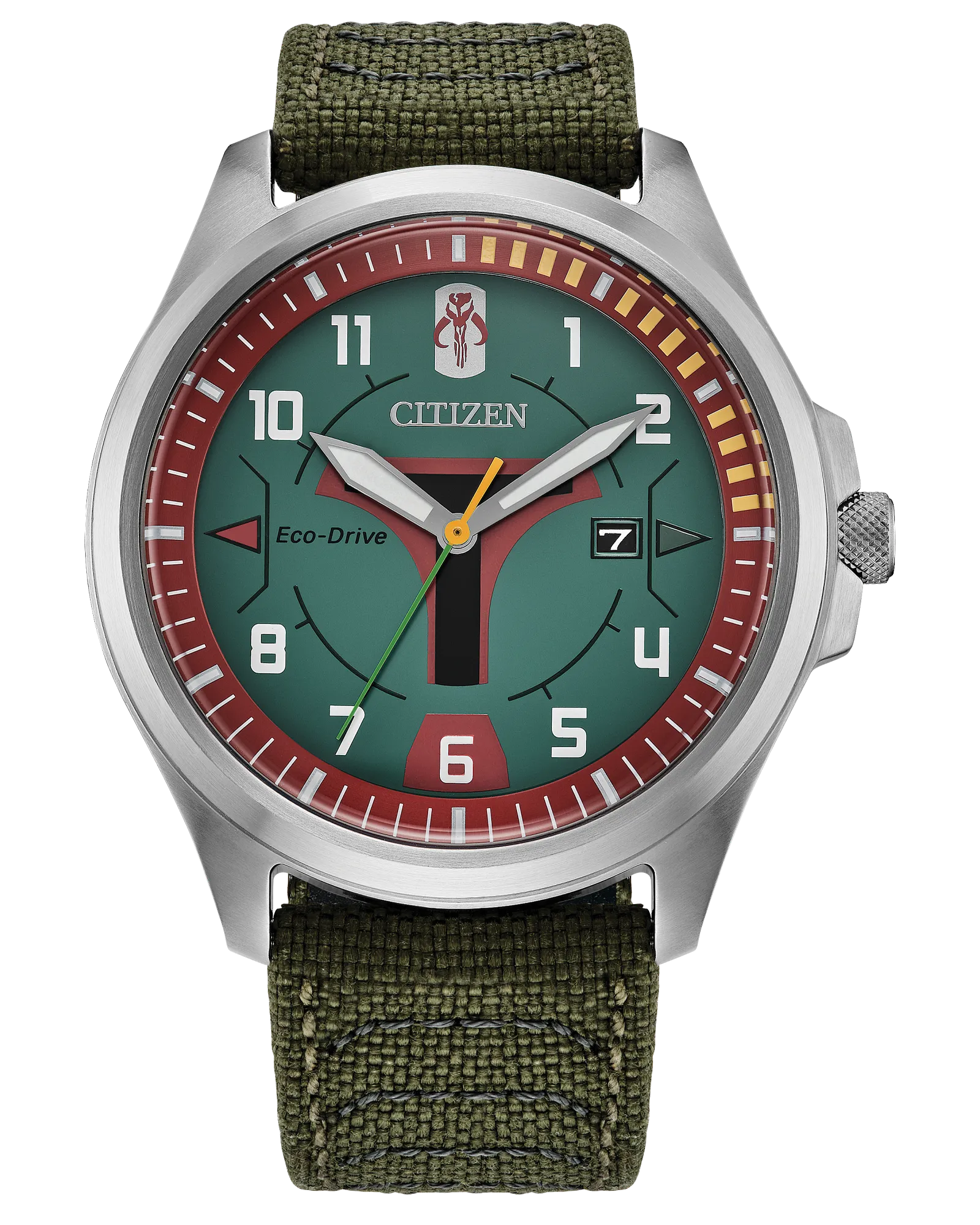 Citizen Boba Fett AW1418-06W Star Wars Eco-Drive watch with green dial, Mandalorian helmet design, 44mm stainless steel case, and olive Cordura nylon strap.