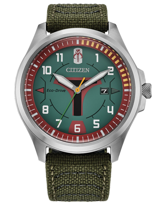 Citizen Boba Fett AW1418-06W Star Wars Eco-Drive watch with green dial, Mandalorian helmet design, 44mm stainless steel case, and olive Cordura nylon strap.