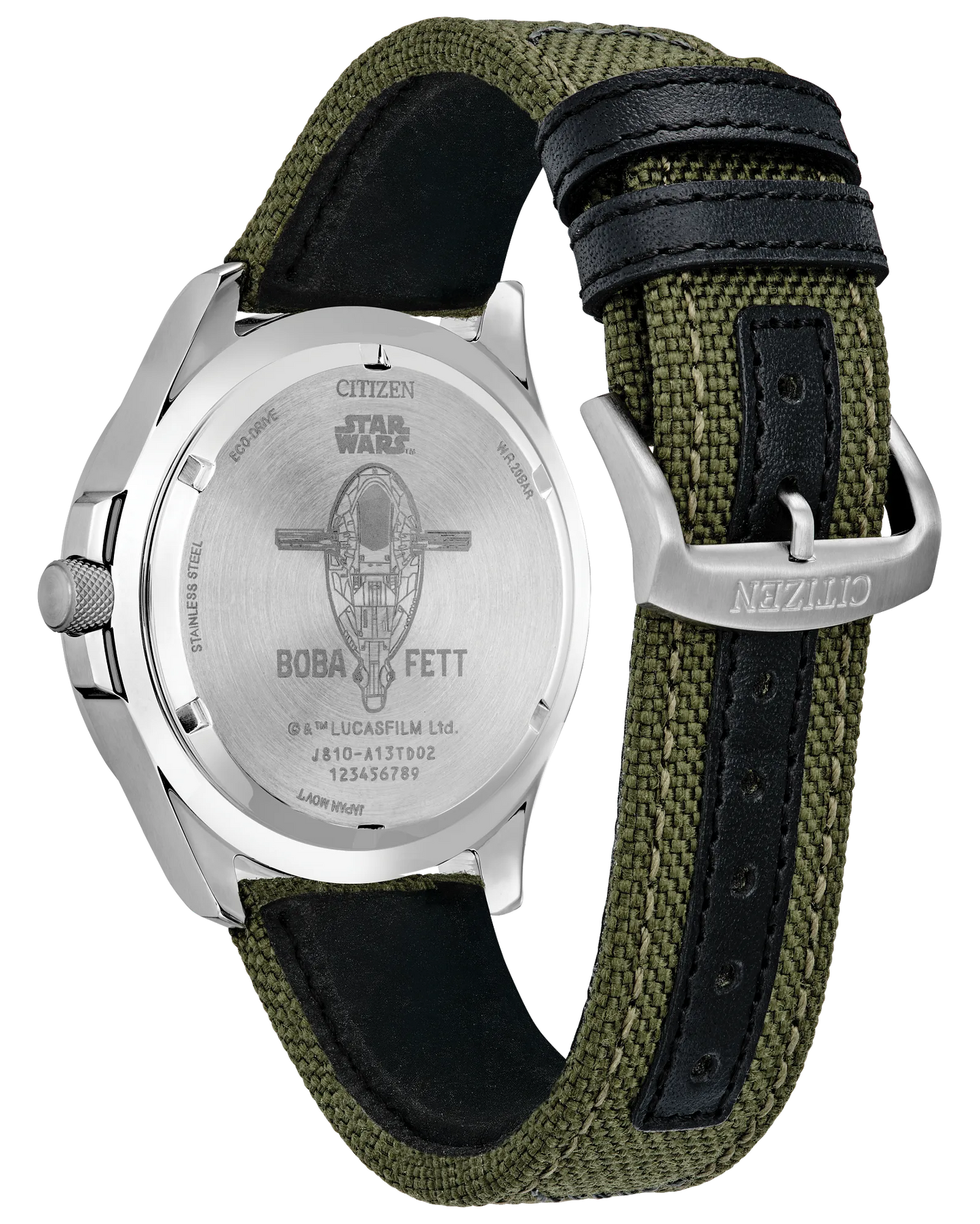Citizen Star Wars Boba Fett watch with green strap on white background