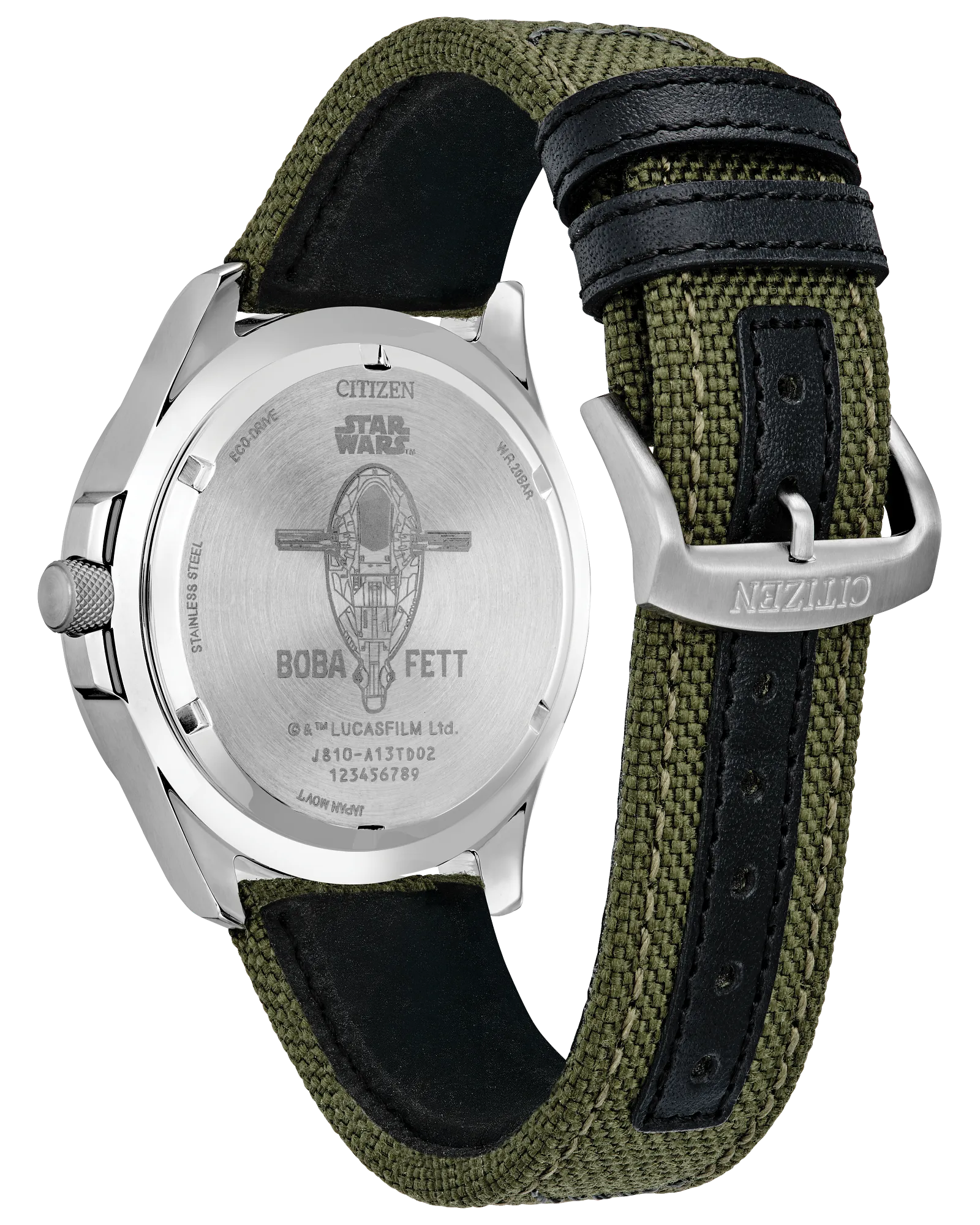 Citizen Star Wars Boba Fett watch with green strap on white background