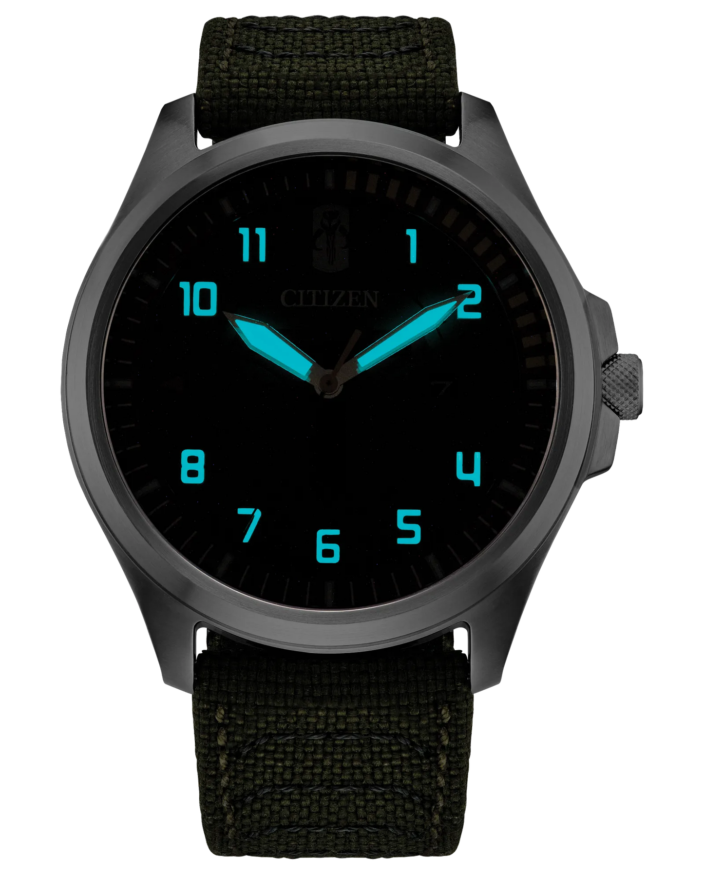 Black Citizen watch with blue glowing hands on a white background