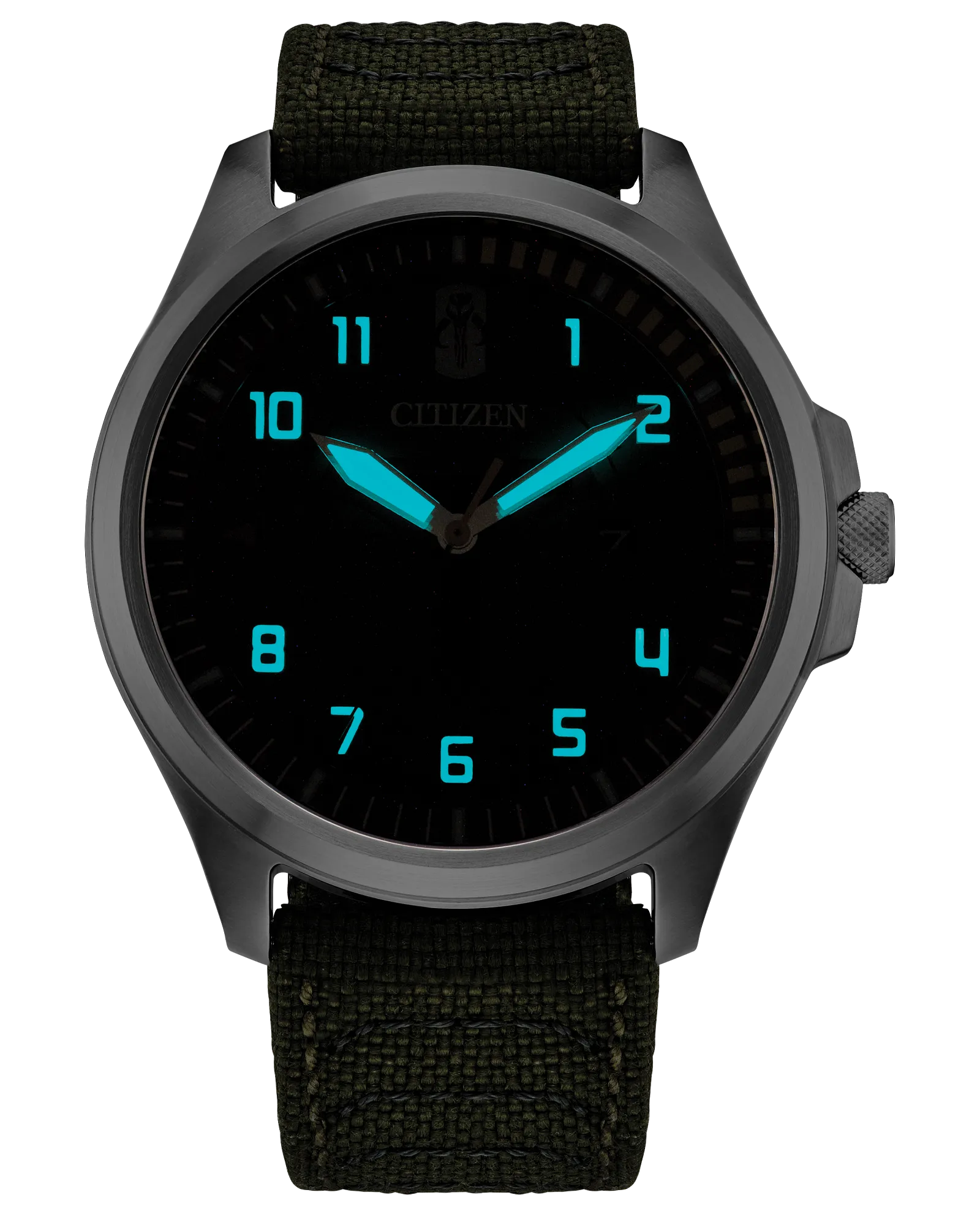 Black Citizen watch with blue glowing hands on a white background