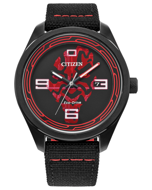 Citizen Star Wars Darth Maul Shadow watch (Model AW5006-01W). Features 42.3mm black IP stainless steel case with Darth Maul’s face on the dial and red lightsaber ring motif. Includes red-accented minute hand, luminous markers, and Cordura® woven strap with red stitching. Powered by Eco-Drive J810 movement (light-powered, no battery needed), spherical mineral crystal, splash-resistant construction, and buckle closure.