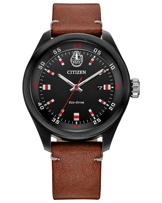 Citizen Star Wars Chewbacca watch (Model AW5008-06W). Features 43mm black ion-plated stainless steel case, black dial with Millennium Falcon motif at 12 o’clock, and red-white bandolier-inspired accents. Includes luminous hands, Eco-Drive J810 light-powered movement, brown leather strap, engraved Chewbacca case back with quote, spherical mineral crystal, and WR100 water resistance.
