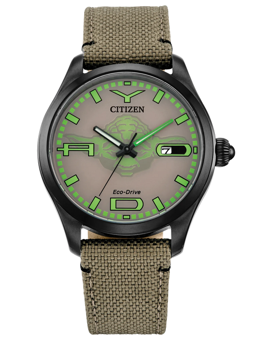 Citizen Star Wars Yoda watch (Model BM6839-06W). Features 42mm black ion-plated stainless steel case, sand-brown dial with luminous markers subtly forming ‘Y-o-d-a,’ and durable Cordura® nylon strap. Includes engraved case back with Yoda’s likeness and quote ‘Judge me by my size, do you?’, Eco-Drive E111 light-powered movement, mineral crystal, WR100 water resistance, and lightweight 64g construction.