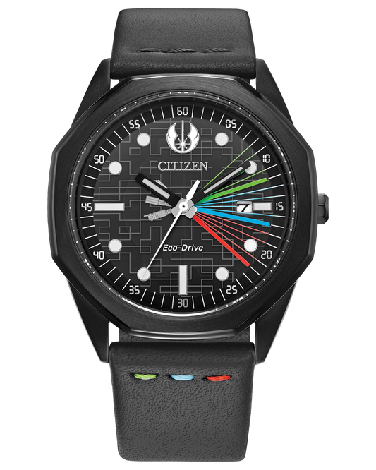 “Citizen Star Wars Jedi Master Eco-Drive watch (Model BM7498-00W). Features 41mm black IP stainless steel octagonal case, black grid-patterned dial with green, blue, and red lightsaber details, Jedi crest at 12 o’clock, and luminous hands. Includes gray leather strap with colored stitching, engraved case back with ‘May the Force be with You,’ sapphire crystal, Eco-Drive E111 light-powered movement, 100m water resistance, and 59g weight.
