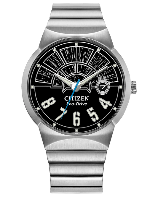 Citizen Star Wars Millennium Falcon Hyperdrive Eco-Drive watch (Model BM7581-59W). Features black cockpit-style dial with Millennium Falcon motif around date window, luminous silver-tone hands, 40mm stainless steel case and bracelet, engraved case back with Star Wars logo and Falcon etching. Powered by light via Eco-Drive E111 movement, dual spherical mineral crystal, splash resistance, and 121g weight