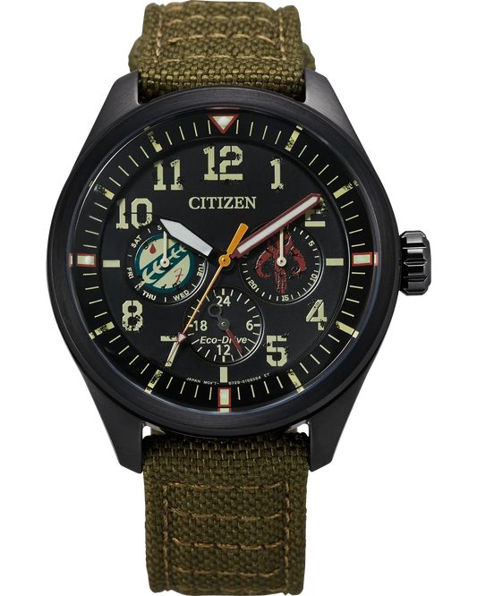 Citizen Star Wars Boba Fett watch (Model BU2058-00W). Features 43mm black ion-plated stainless steel case, black dial with beige numerals and red accents, and olive green Cordura® strap inspired by Mandalorian armor. Includes sub-dials with Fett clan crest and Mythosaur skull, engraved case back with quote ‘He’s no good to me dead,’ Eco-Drive 8729 light-powered movement, spherical mineral crystal, and WR100 water resistance.