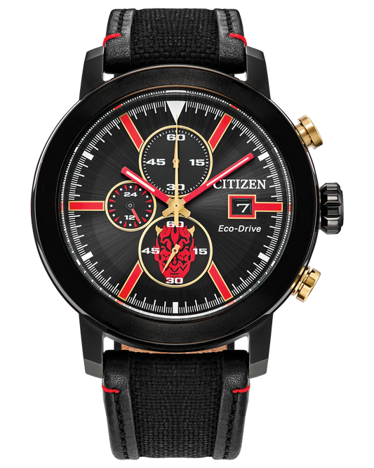 Citizen Star Wars Darth Maul Chronograph watch (Model CA0766-02W). Features 44mm black ion-plated stainless steel case with red accents and Darth Maul’s tattooed face on the sub-dial. Includes gold-tone chronograph pushers inspired by Maul’s horns, double-bladed lightsaber motif on hands, and engraved Darth Maul case back. Eco-Drive B612 light-powered movement, Cordura® nylon and leather strap, spherical mineral crystal, WR100 water resistance, 75g weight.