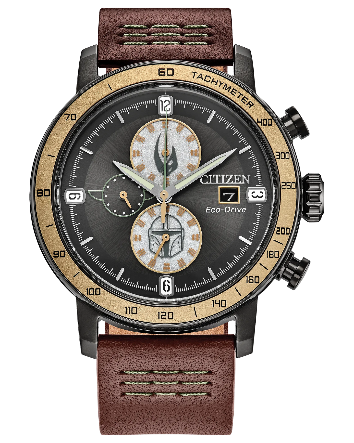 Citizen Mandalorian CA0857-09W Star Wars Eco-Drive chronograph watch with gray dial, Mandalorian and Grogu-inspired subdials, 44mm gray stainless steel case, brown leather strap, and engraved Mandalorian case back.