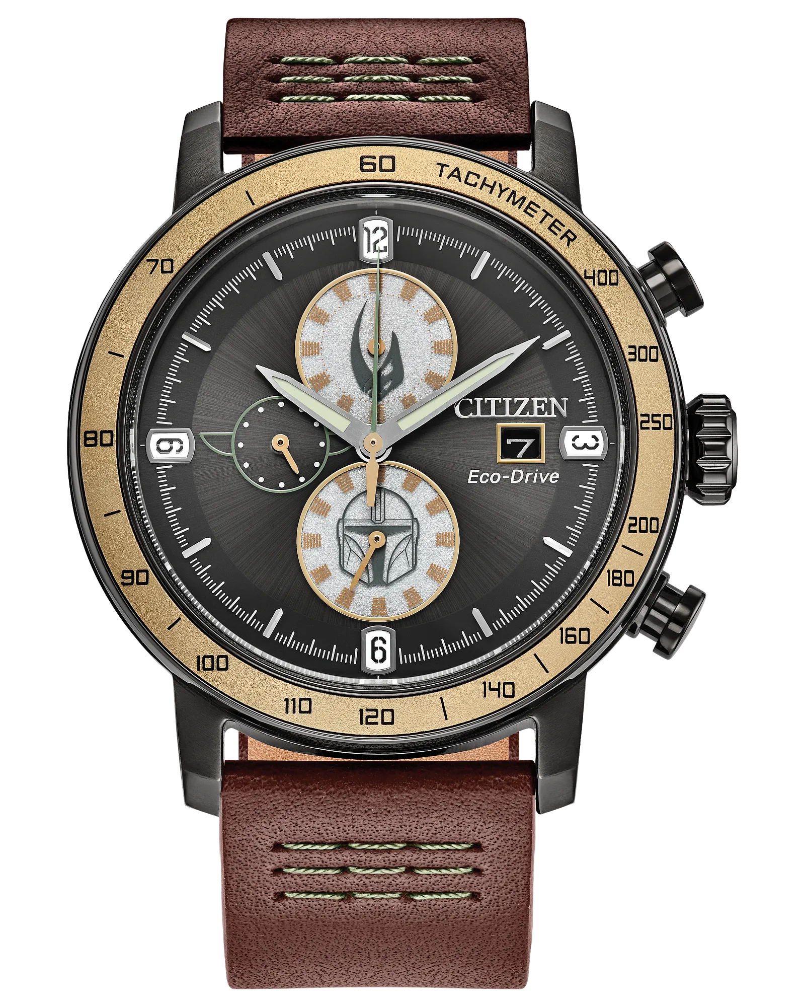 Citizen Mandalorian CA0857-09W Star Wars Eco-Drive chronograph watch with gray dial, Mandalorian and Grogu-inspired subdials, 44mm gray stainless steel case, brown leather strap, and engraved Mandalorian case back.