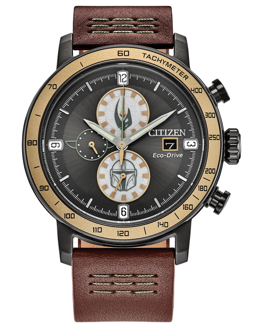 Citizen Mandalorian CA0857-09W Star Wars Eco-Drive chronograph watch with gray dial, Mandalorian and Grogu-inspired subdials, 44mm gray stainless steel case, brown leather strap, and engraved Mandalorian case back.