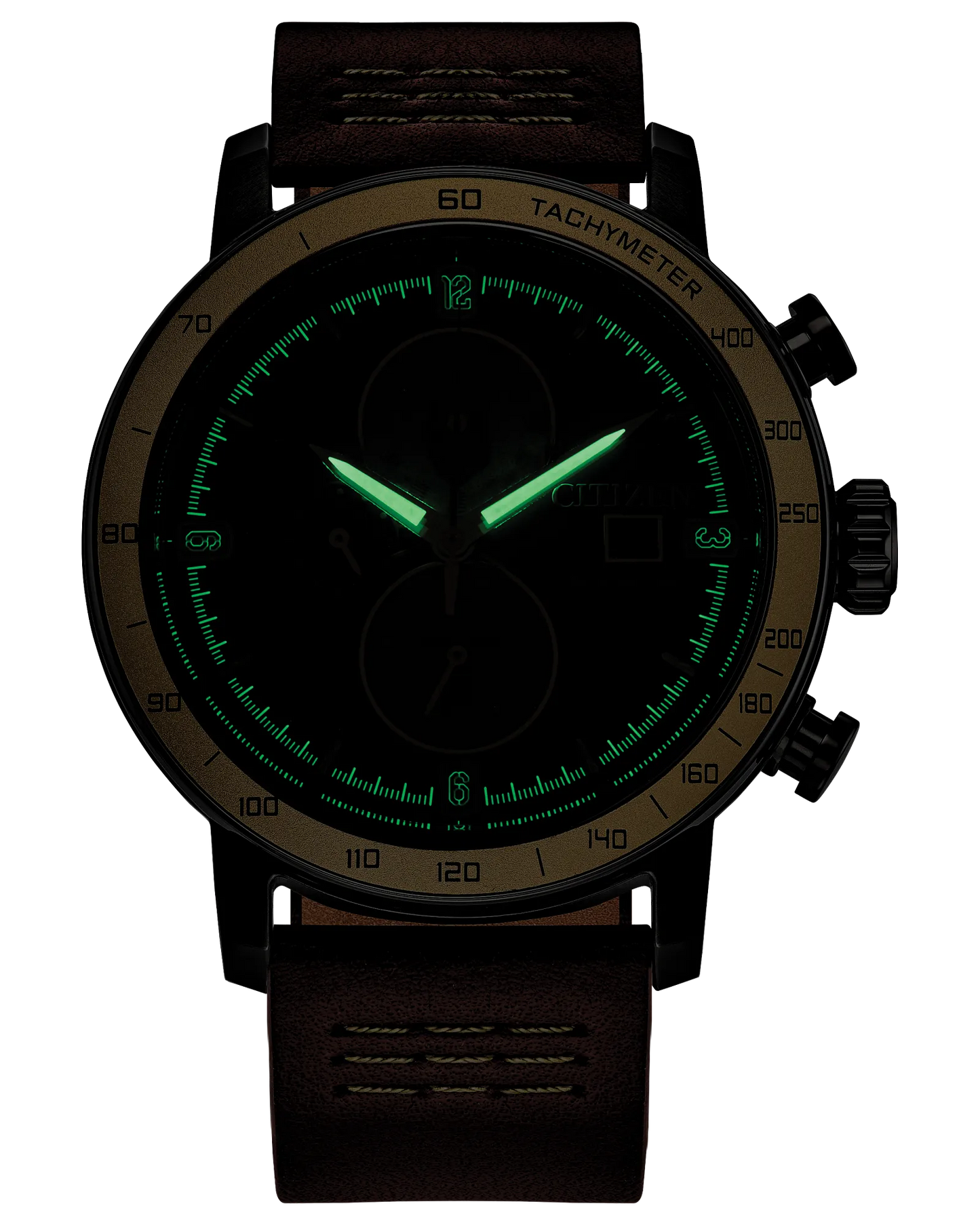 Wristwatch with green glowing hands on a black background