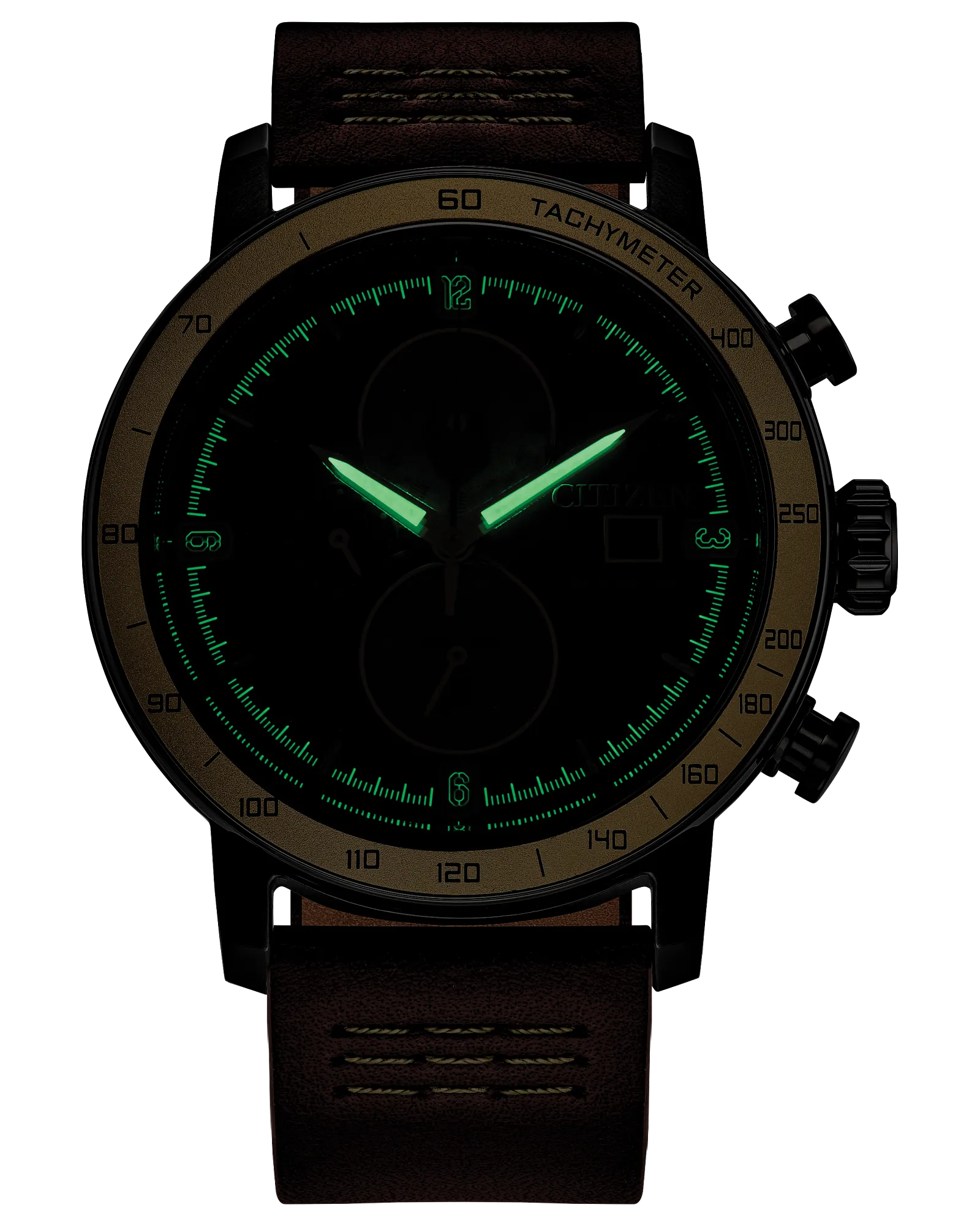 Wristwatch with green glowing hands on a black background