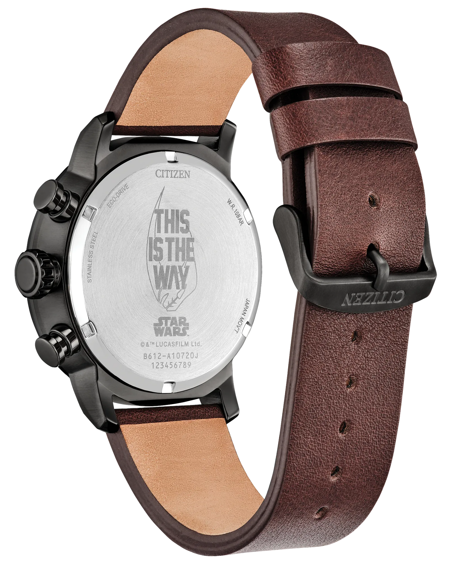 Watch with brown leather strap and visible brand name on a white background