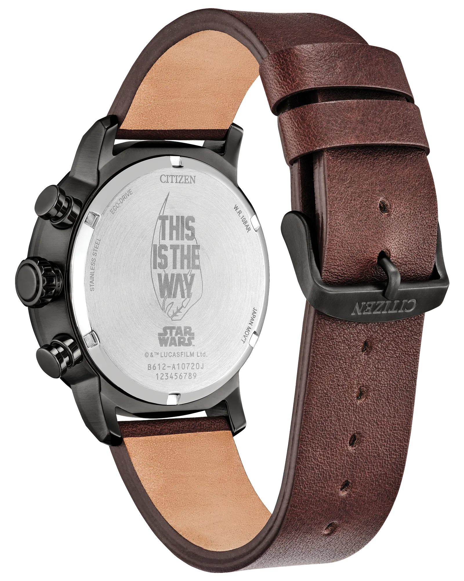 Watch with brown leather strap and visible brand name on a white background