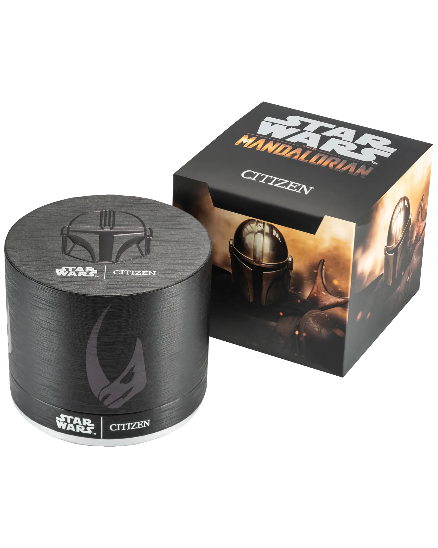 Star Wars Citizen watch packaging with round black container and box featuring Mandalorian design.