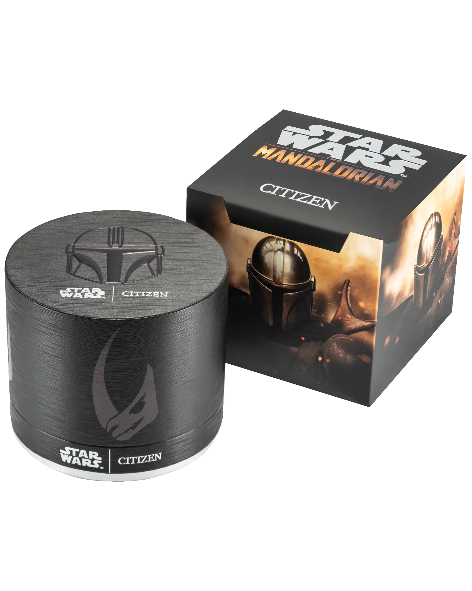 Star Wars Citizen watch packaging with round black container and box featuring Mandalorian design.