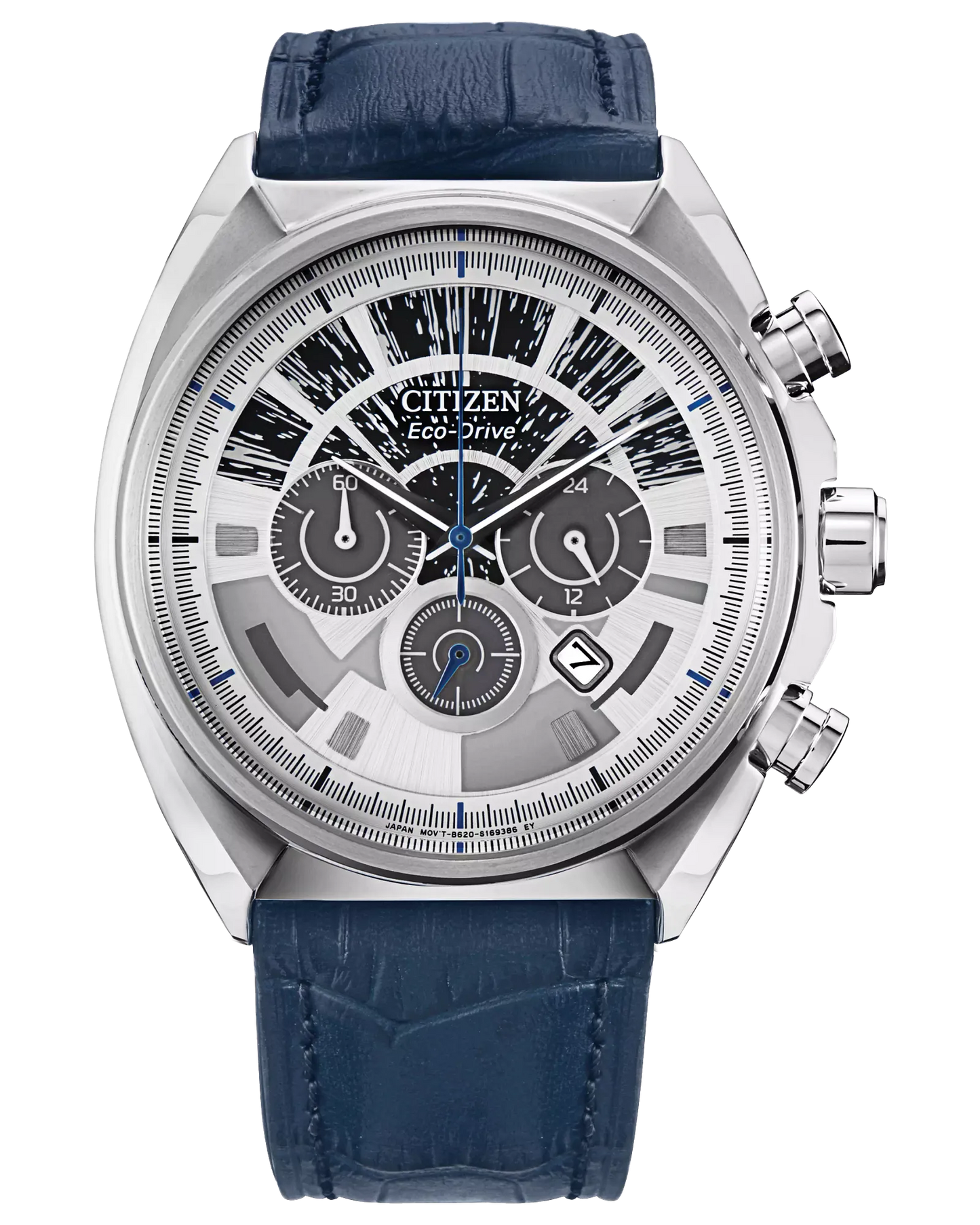 Citizen Star Wars Millennium Falcon Eco-Drive Chronograph watch (Model CA4281-00W). Features 44mm silver-tone stainless steel case, cockpit-inspired luminous dial, navy blue hands, date window, and Han Solo silhouette etched on case back. Includes crocodile-embossed leather strap, 1/5-second chronograph, 12/24-hour time, 100m water resistance, and light-powered Eco-Drive B620 movement. Durable mineral crystal and 79g lightweight construction.”