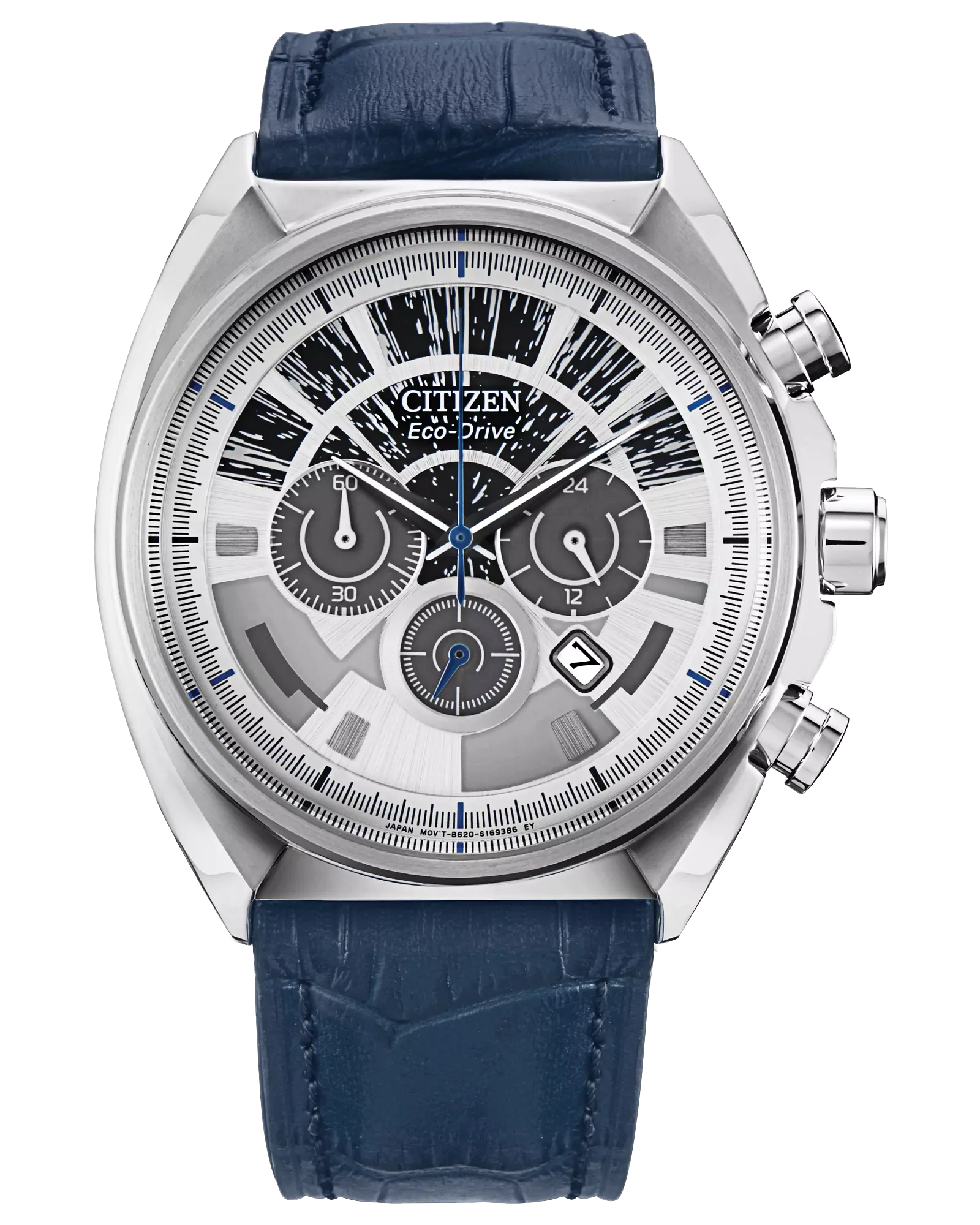 Citizen Star Wars Millennium Falcon Eco-Drive Chronograph watch (Model CA4281-00W). Features 44mm silver-tone stainless steel case, cockpit-inspired luminous dial, navy blue hands, date window, and Han Solo silhouette etched on case back. Includes crocodile-embossed leather strap, 1/5-second chronograph, 12/24-hour time, 100m water resistance, and light-powered Eco-Drive B620 movement. Durable mineral crystal and 79g lightweight construction.”