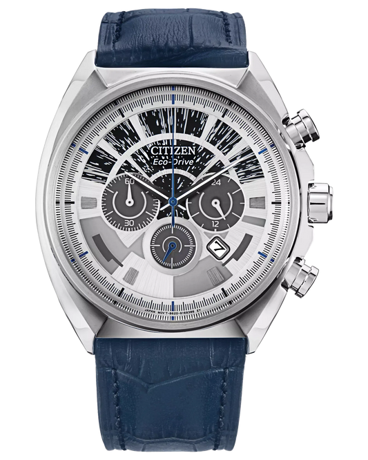 Citizen Star Wars Millennium Falcon Eco-Drive Chronograph watch (Model CA4281-00W). Features 44mm silver-tone stainless steel case, cockpit-inspired luminous dial, navy blue hands, date window, and Han Solo silhouette etched on case back. Includes crocodile-embossed leather strap, 1/5-second chronograph, 12/24-hour time, 100m water resistance, and light-powered Eco-Drive B620 movement. Durable mineral crystal and 79g lightweight construction.”