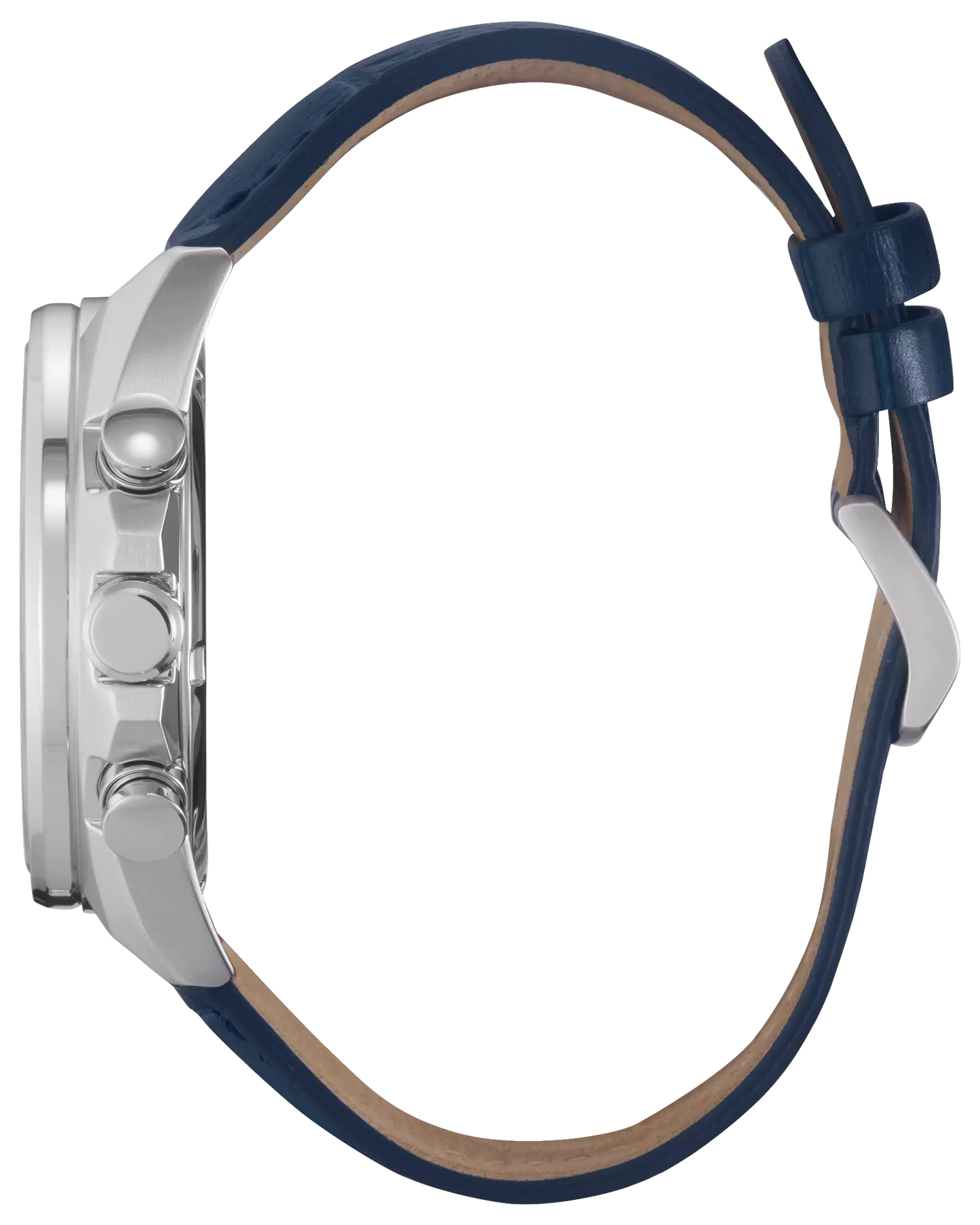 Close-up of a watch with a blue strap on a white background