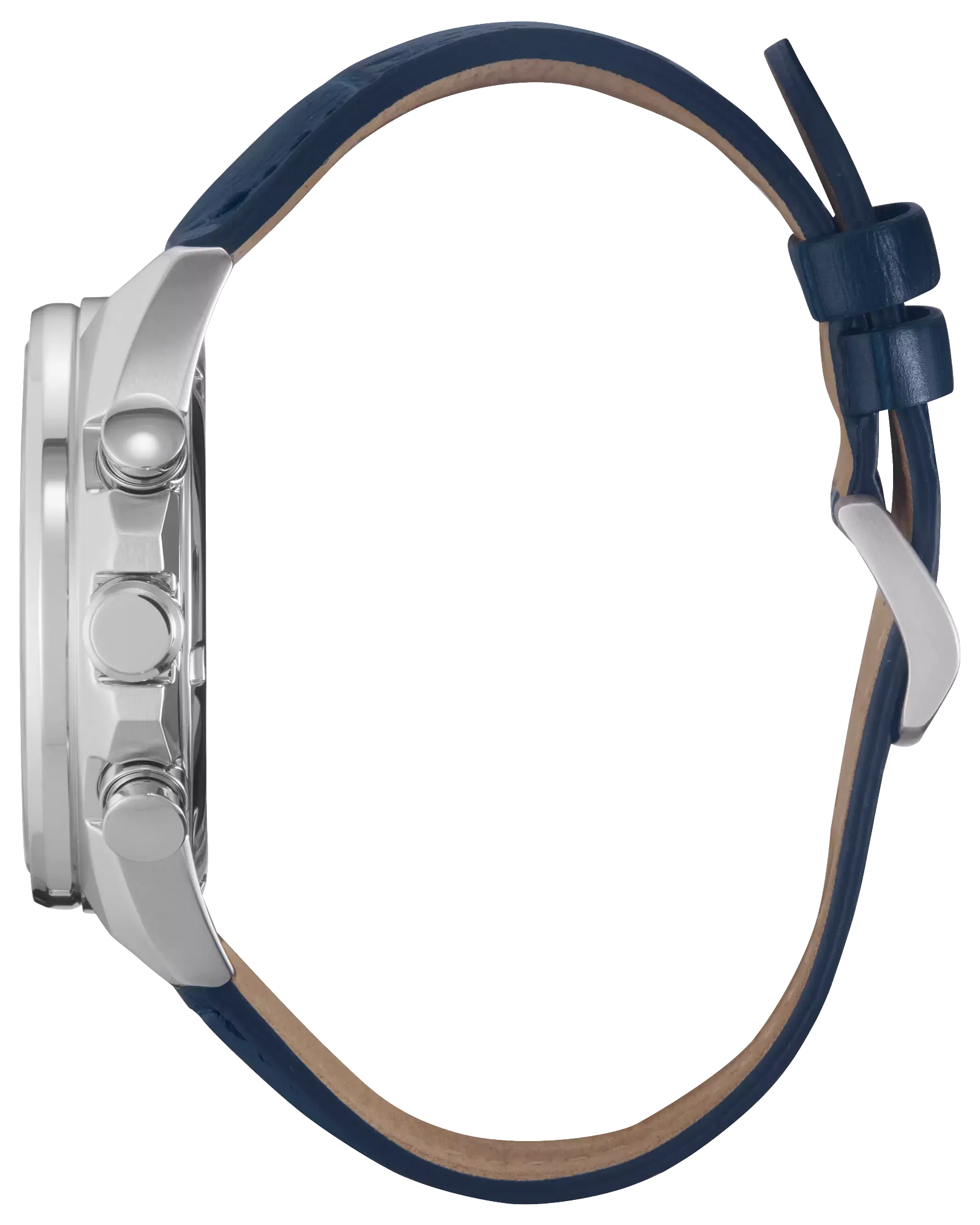 Close-up of a watch with a blue strap on a white background