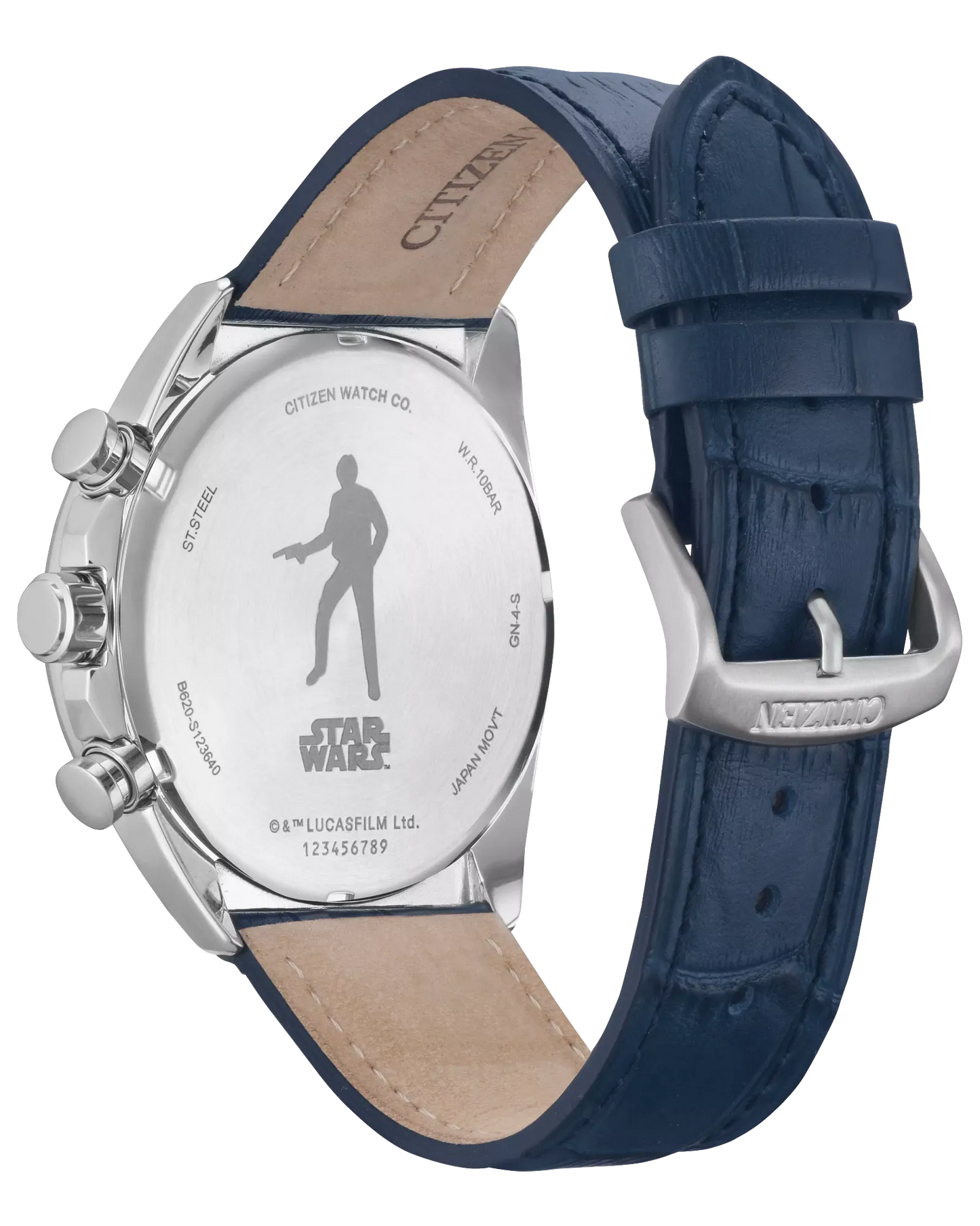 Watch with blue strap and Star Wars design on a white background