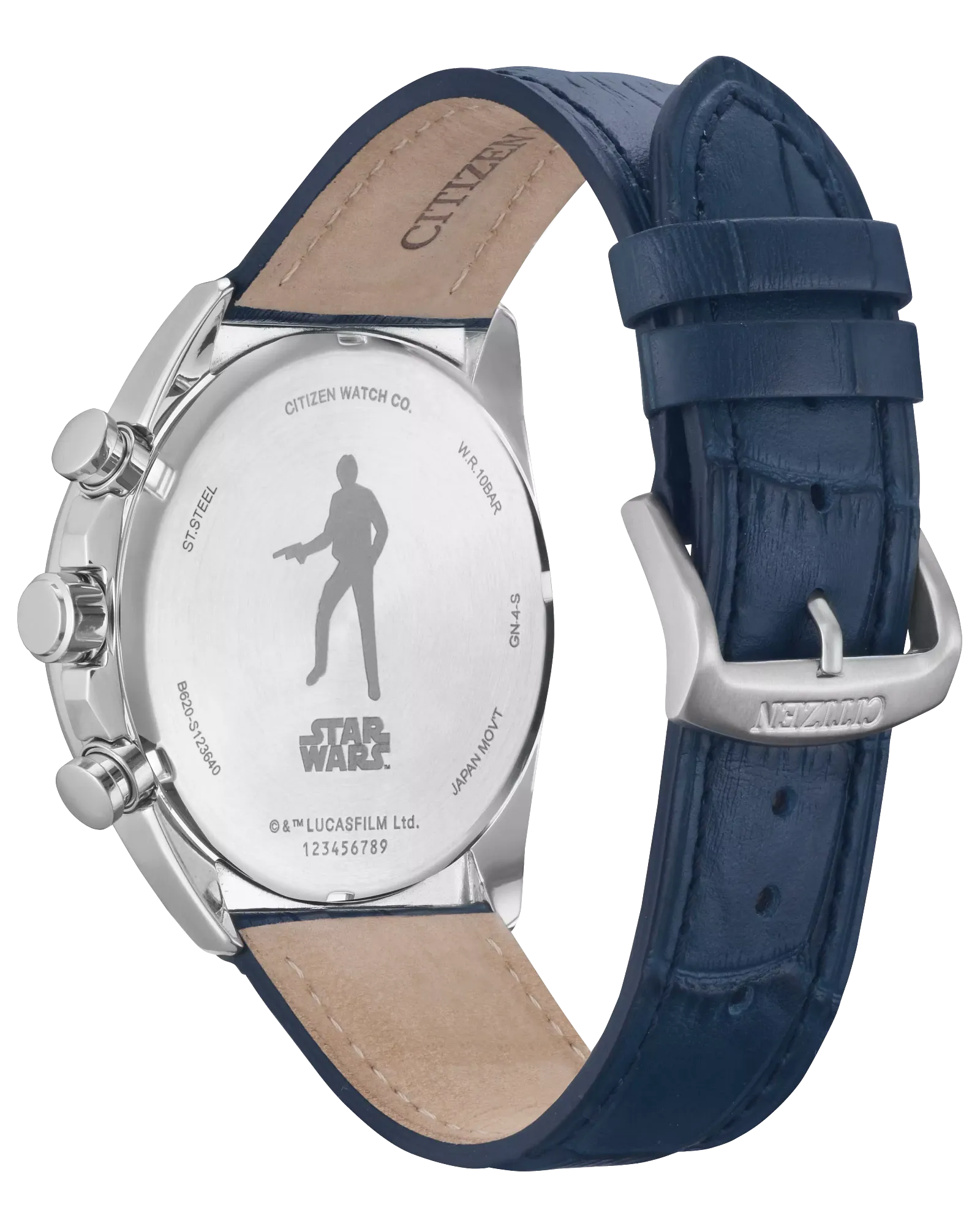 Watch with blue strap and Star Wars design on a white background
