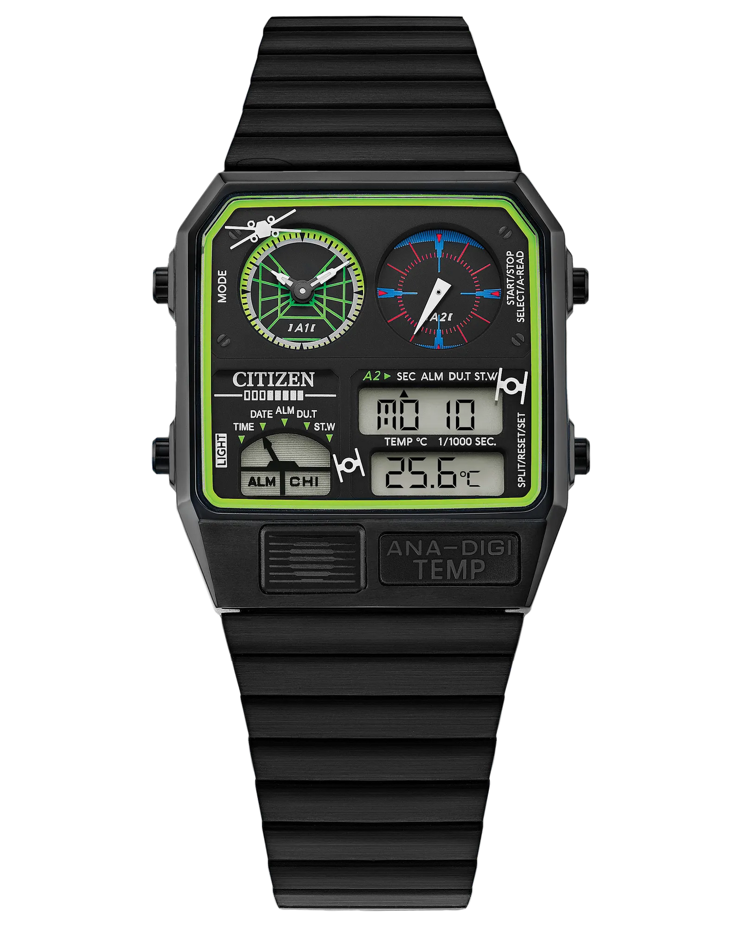Citizen Star Wars Trench Run analog-digital watch (Model JG2109-50W). Features 33mm rectangular black stainless steel case and bracelet, inspired by 1980s Citizen designs. Includes dual time zones, temperature display in Celsius, 1/1000-second chronograph (up to 12 hrs), alarm, and perpetual calendar. Multi-function LCD display echoes X-Wing targeting systems. Quartz 8989 movement, mineral crystal, splash-resistant build, and 152g weight.