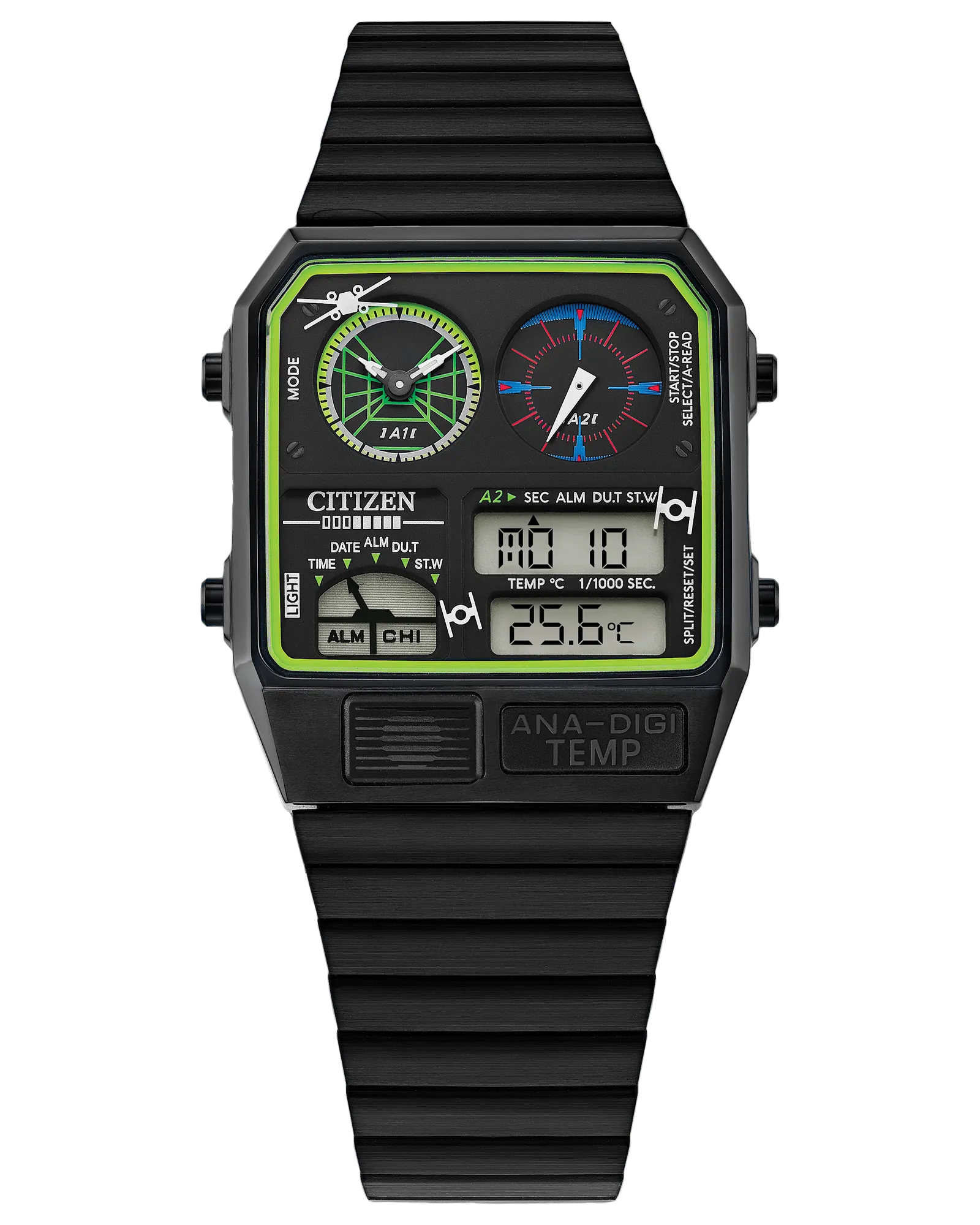 Citizen Star Wars Trench Run analog-digital watch (Model JG2109-50W). Features 33mm rectangular black stainless steel case and bracelet, inspired by 1980s Citizen designs. Includes dual time zones, temperature display in Celsius, 1/1000-second chronograph (up to 12 hrs), alarm, and perpetual calendar. Multi-function LCD display echoes X-Wing targeting systems. Quartz 8989 movement, mineral crystal, splash-resistant build, and 152g weight.