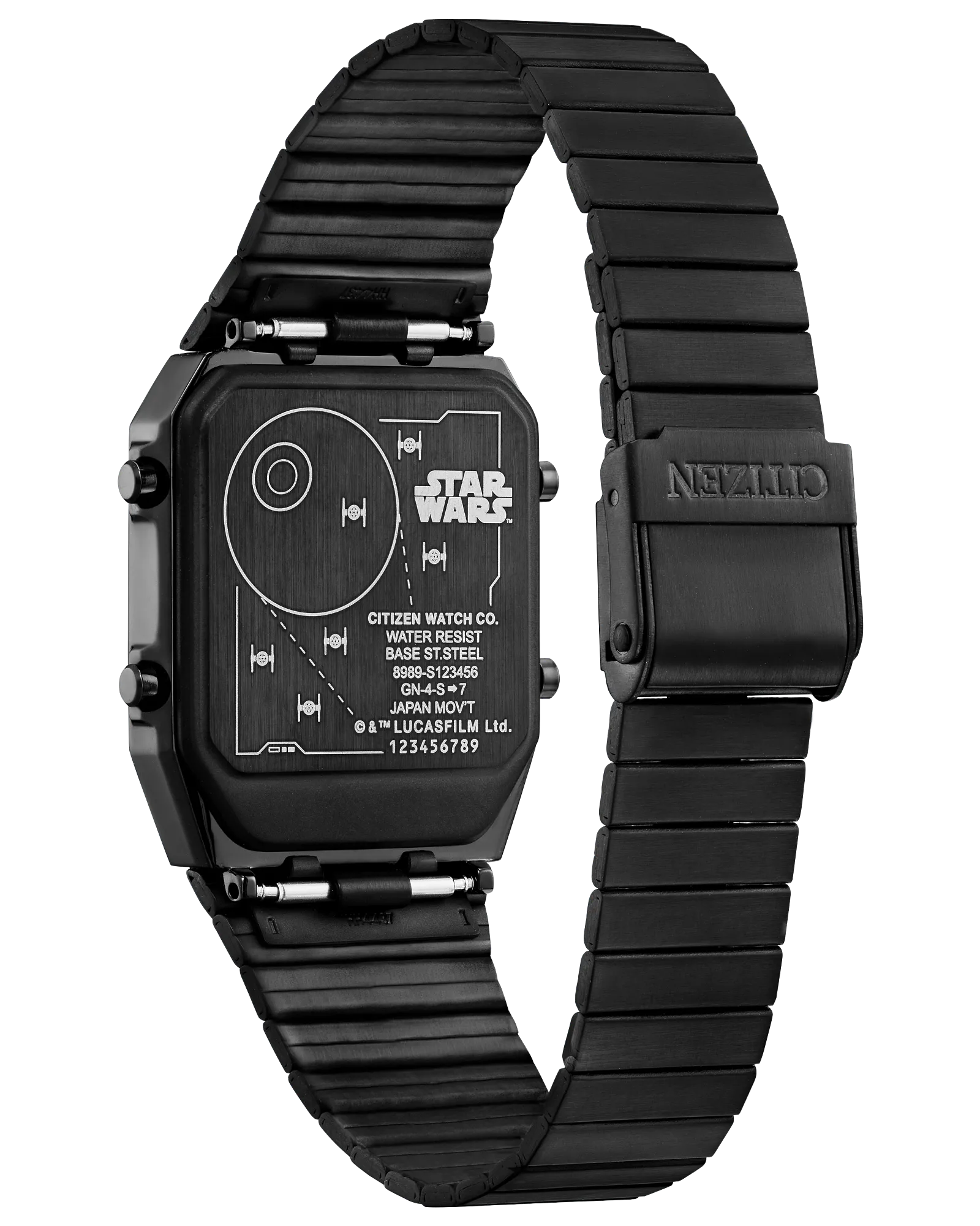 Black Star Wars watch with metallic band on a white background