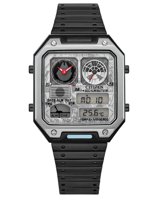Citizen Star Wars Millennium Falcon Ana-Digi watch (Model JG2146-53H). Features rectangular black IP stainless steel case and bracelet with cockpit-inspired dial, dual gray sub-dials accented by red highlights, and LCD digital display showing dual time, date, and temperature. Includes 1/1000-second chronograph, perpetual calendar, and quartz 8989 movement. Mineral crystal, WR50 water resistance, and lightweight 80g construction.