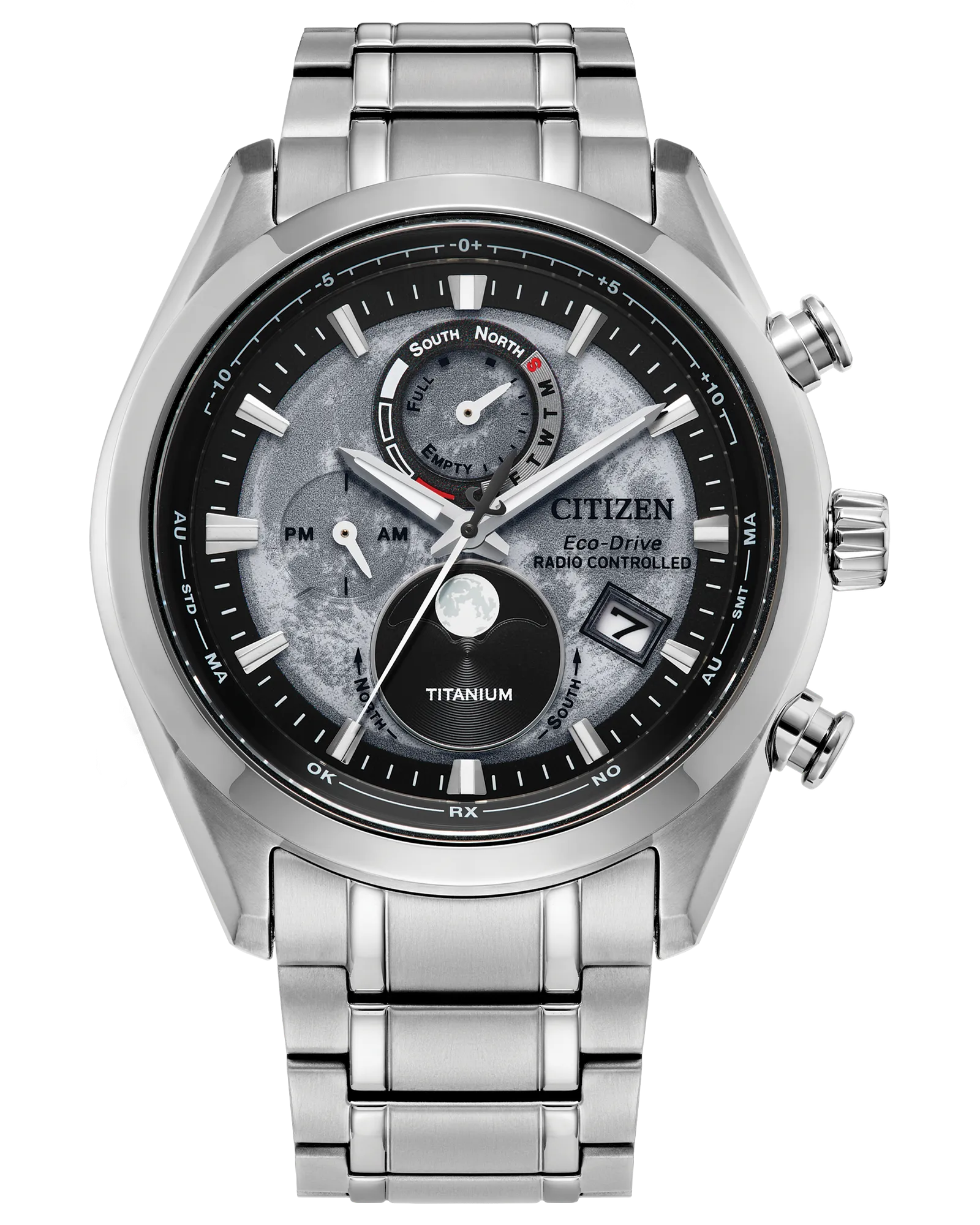Citizen Tsuki-yomi A-T BY1010-57H Eco-Drive atomic watch with gray moon-inspired dial, moonphase display, silver-tone Super Titanium case and bracelet, sapphire crystal, and world time functionality.