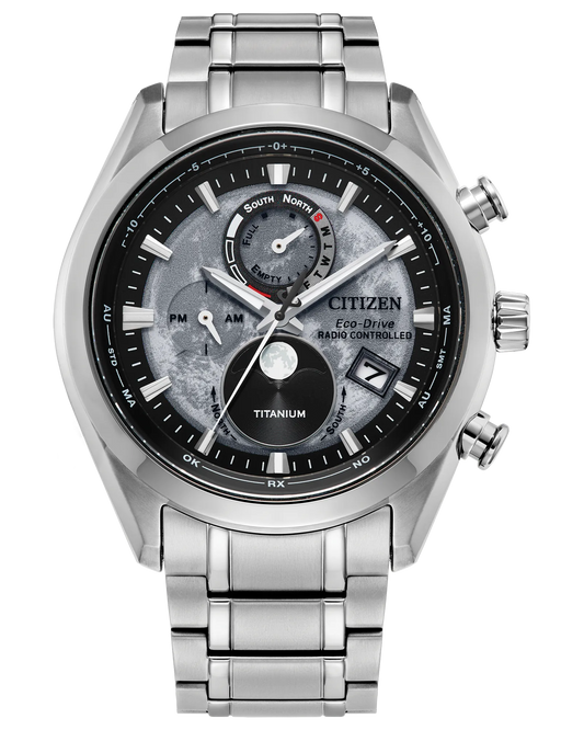 Citizen Tsuki-yomi A-T BY1010-57H Eco-Drive atomic watch with gray moon-inspired dial, moonphase display, silver-tone Super Titanium case and bracelet, sapphire crystal, and world time functionality.