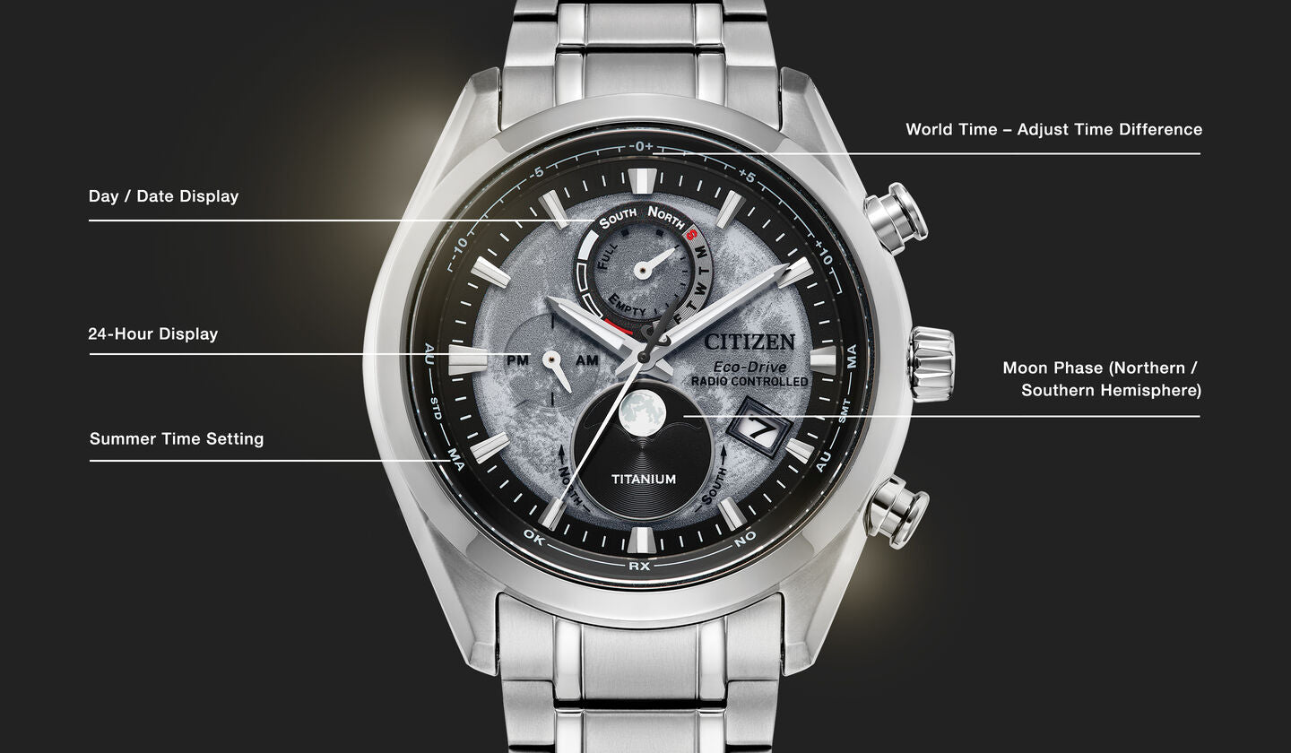 Citizen watch with features labeled on a dark background