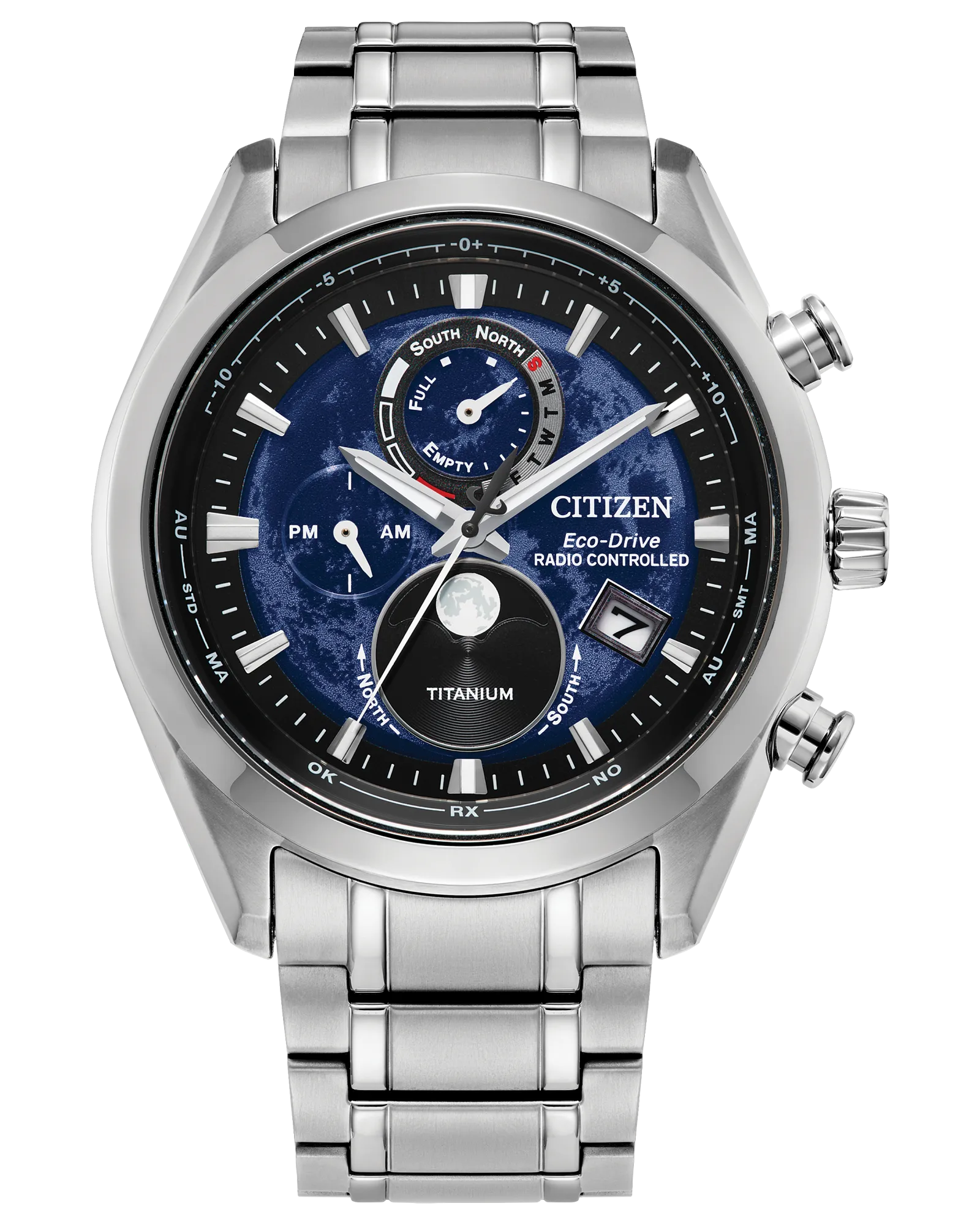 Citizen Tsuki-yomi A-T BY1010-57L Eco-Drive atomic moonphase watch with blue moon-inspired dial, silver-tone Super Titanium case and bracelet, sapphire crystal, and world time functionality.