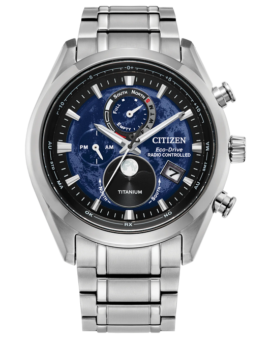 Citizen Tsuki-yomi A-T BY1010-57L Eco-Drive atomic moonphase watch with blue moon-inspired dial, silver-tone Super Titanium case and bracelet, sapphire crystal, and world time functionality.