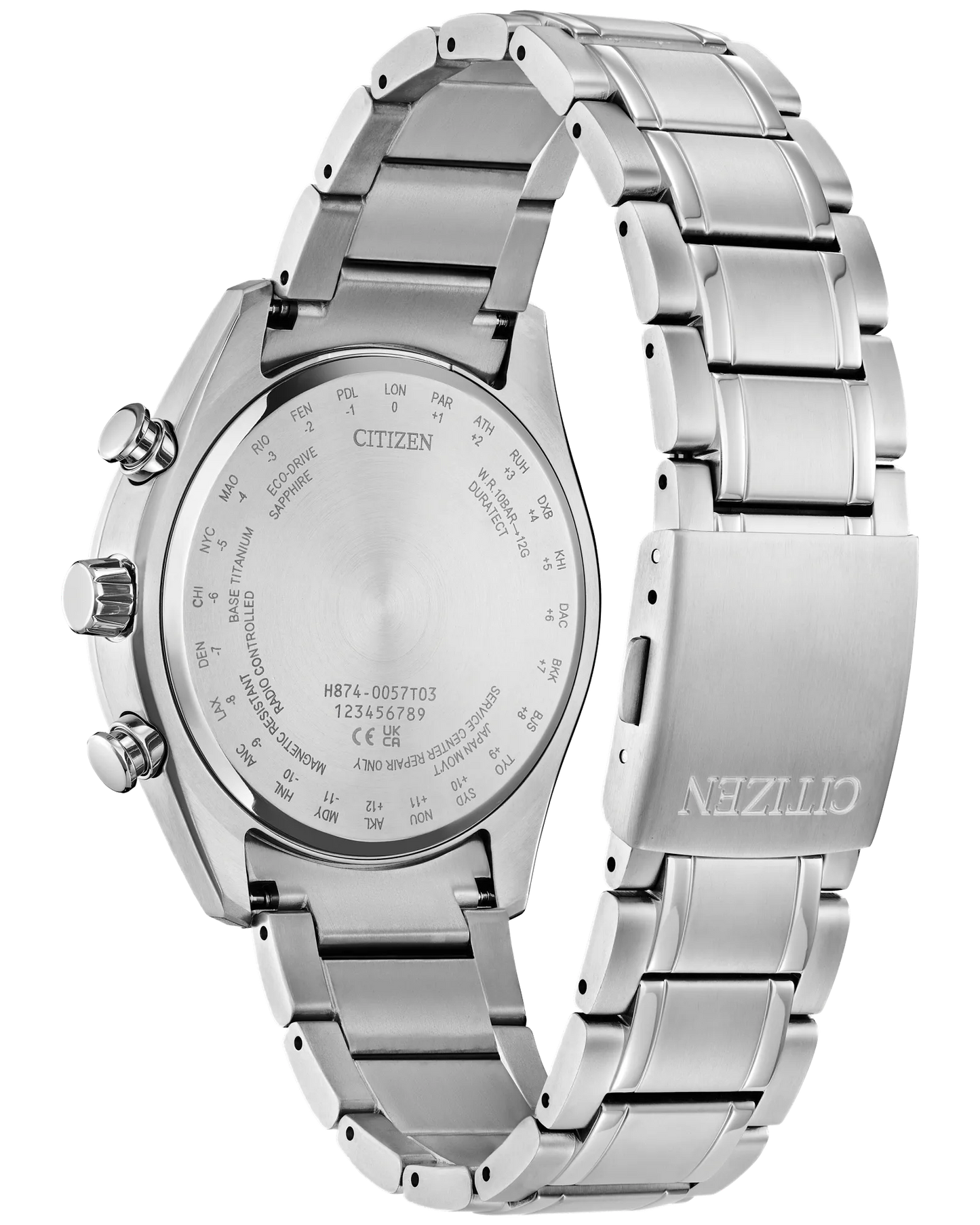 Silver Citizen watch with a detailed face on a white background