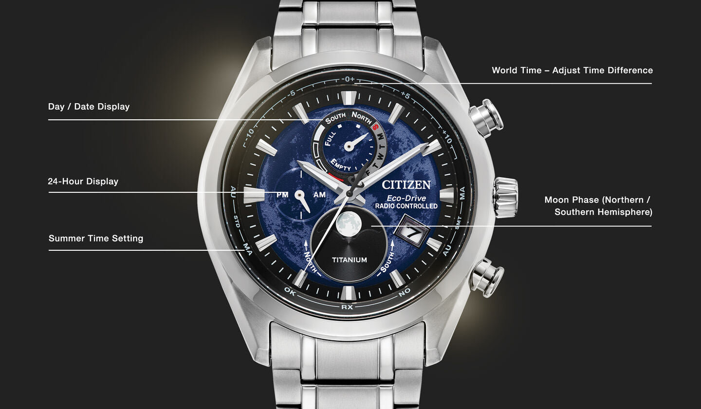 Citizen watch with labeled features on a dark background