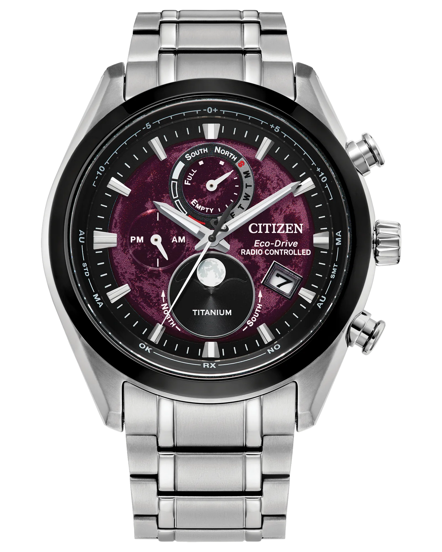 Citizen Tsuki-yomi A-T BY1018-55X Eco-Drive atomic moonphase watch with deep red moon-inspired dial, silver-tone Super Titanium case and bracelet, sapphire crystal, and world time functionality.