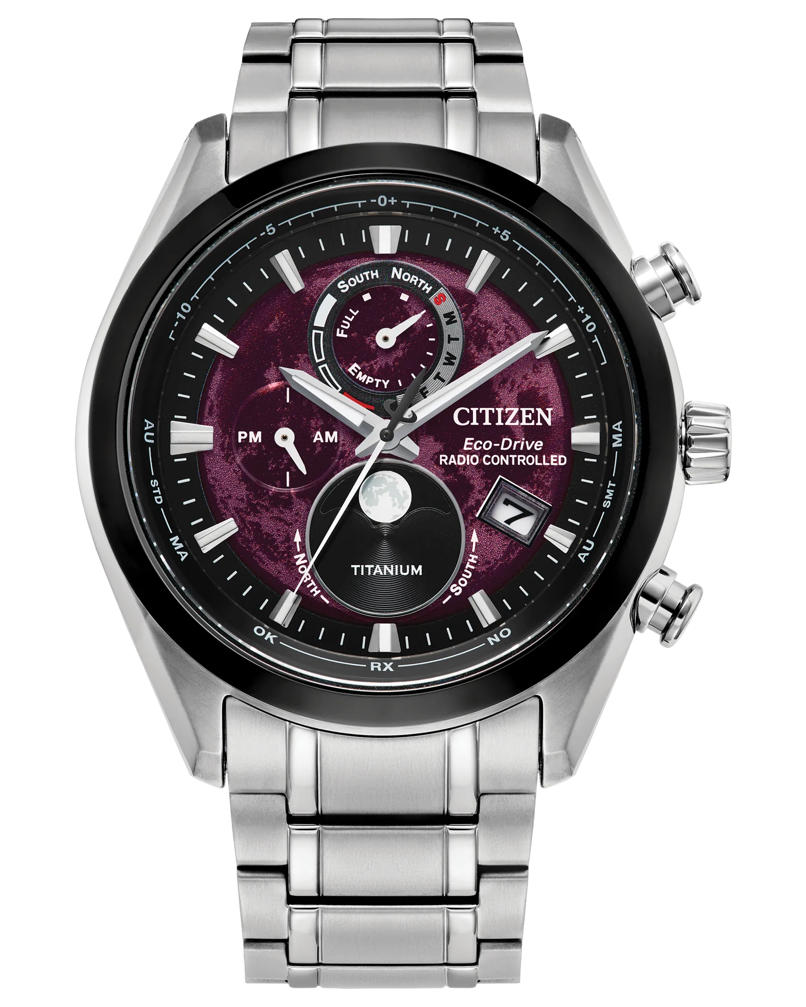 Citizen Tsuki-yomi A-T BY1018-55X Eco-Drive atomic moonphase watch with deep red moon-inspired dial, silver-tone Super Titanium case and bracelet, sapphire crystal, and world time functionality.