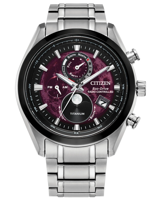 Citizen Tsuki-yomi A-T BY1018-55X Eco-Drive atomic moonphase watch with deep red moon-inspired dial, silver-tone Super Titanium case and bracelet, sapphire crystal, and world time functionality.
