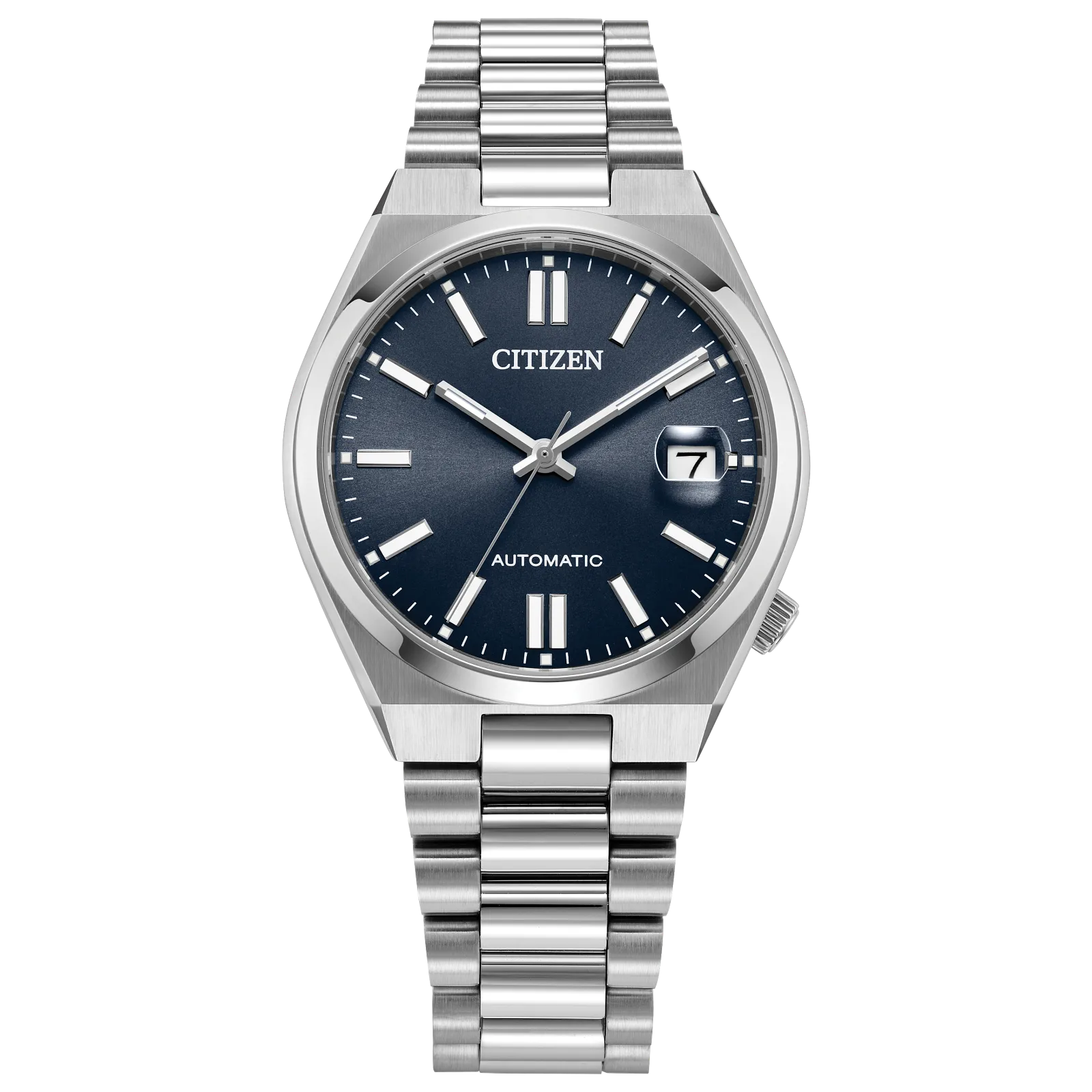 Citizen TSUYOSA NJ0200-50M – 37mm stainless steel case, sunray blue dial, automatic Caliber 8210 movement, sapphire crystal, stainless steel bracelet, and 50m water resistance.