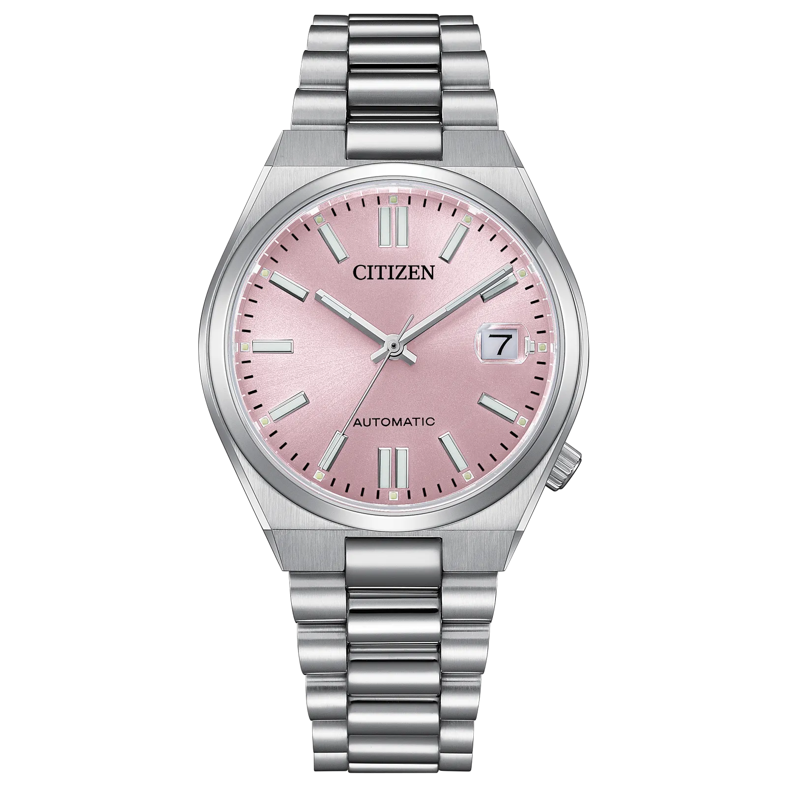 itizen TSUYOSA NJ0200-50Z – 37mm stainless steel case, pastel pink sunray dial, automatic Caliber 8210 movement, sapphire crystal, stainless steel bracelet, and 50m water resistance.