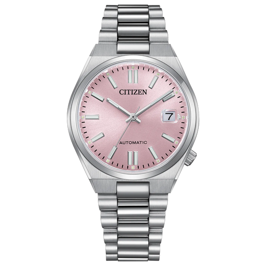 itizen TSUYOSA NJ0200-50Z – 37mm stainless steel case, pastel pink sunray dial, automatic Caliber 8210 movement, sapphire crystal, stainless steel bracelet, and 50m water resistance.