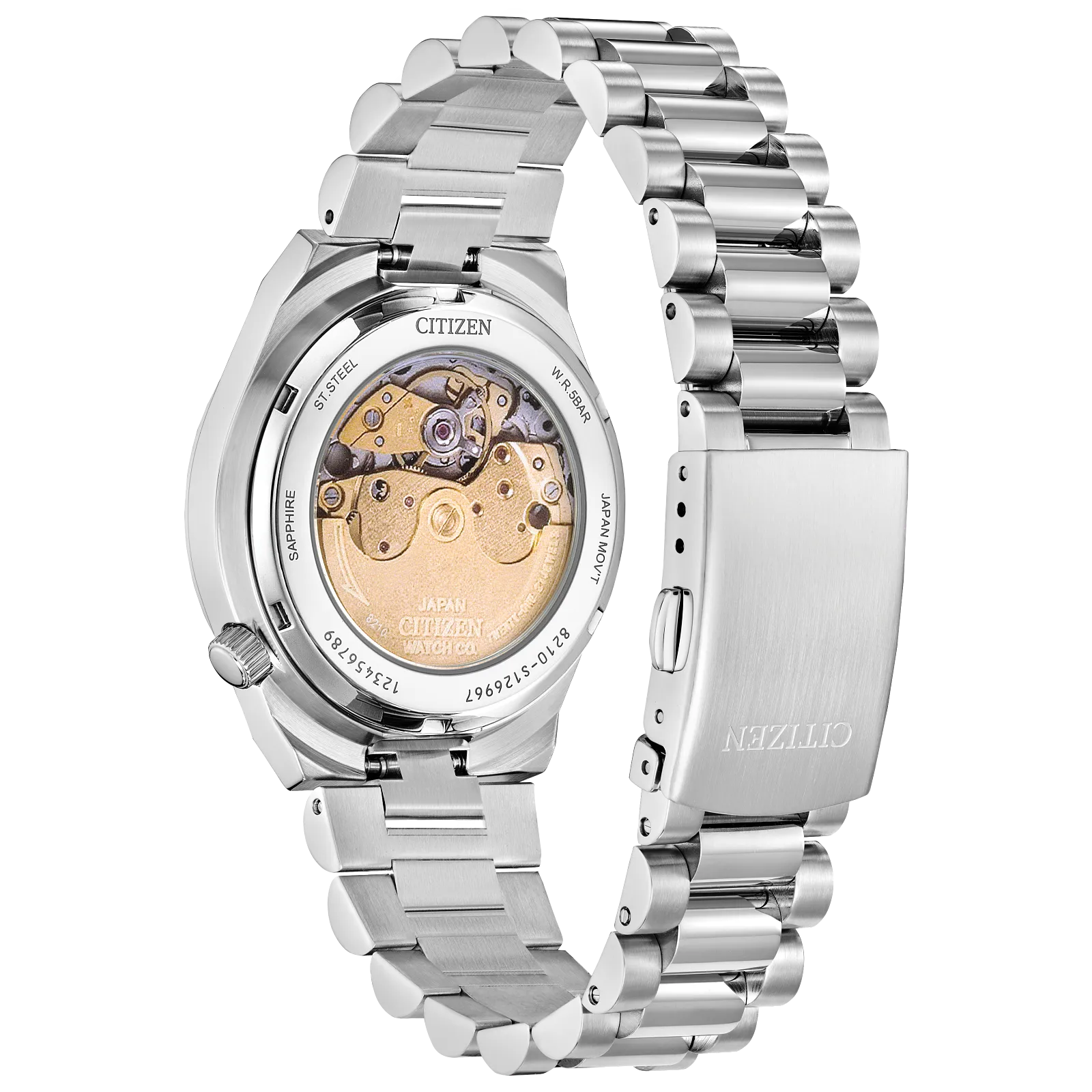 itizen TSUYOSA NJ0200-50Z – 37mm stainless steel case, pastel pink sunray dial, automatic Caliber 8210 movement, sapphire crystal, stainless steel bracelet, and 50m water resistance.