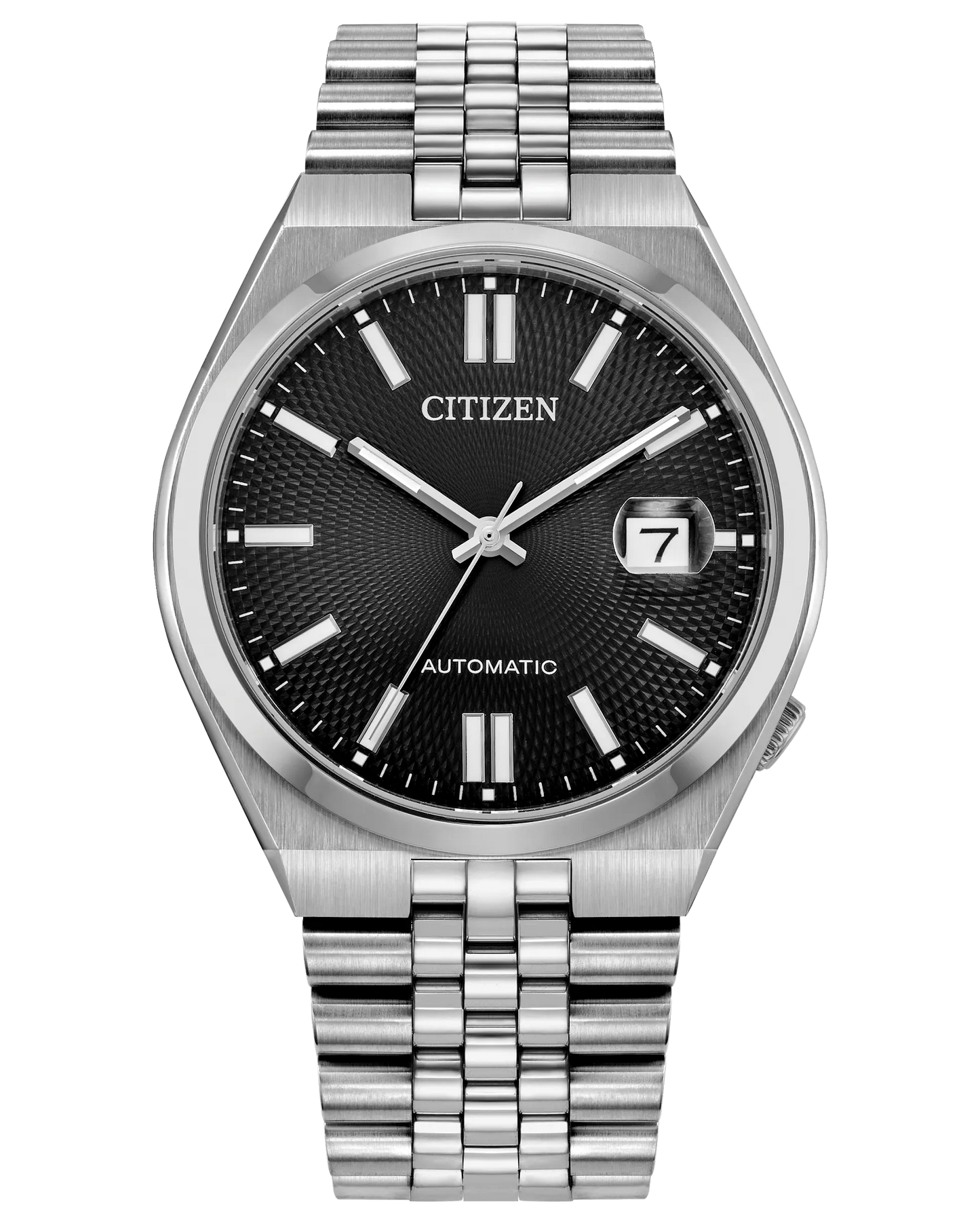 Citizen TSUYOSA 60 NK0020-55E automatic watch with black sunray dial, silver-tone stainless steel case, seamless five-link bracelet, sapphire crystal, date display, and 60-hour power reserve.