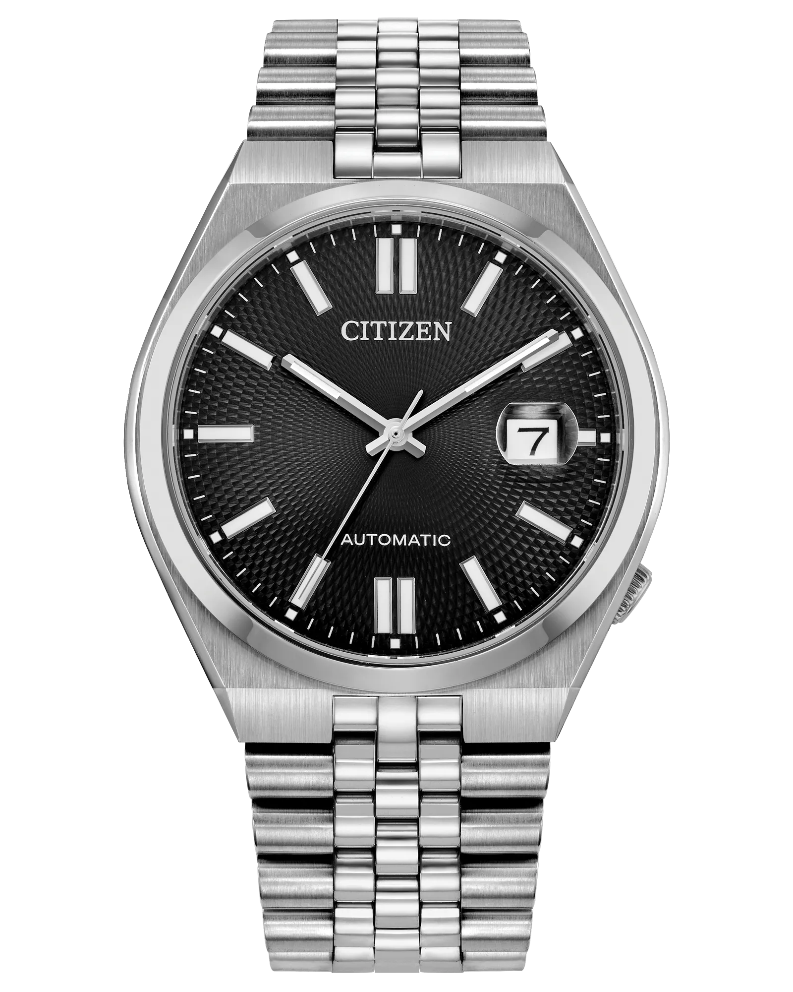 Citizen TSUYOSA 60 NK0020-55E automatic watch with black sunray dial, silver-tone stainless steel case, seamless five-link bracelet, sapphire crystal, date display, and 60-hour power reserve.