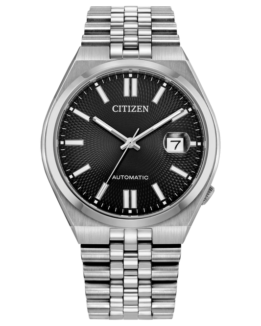 Citizen TSUYOSA 60 NK0020-55E automatic watch with black sunray dial, silver-tone stainless steel case, seamless five-link bracelet, sapphire crystal, date display, and 60-hour power reserve.